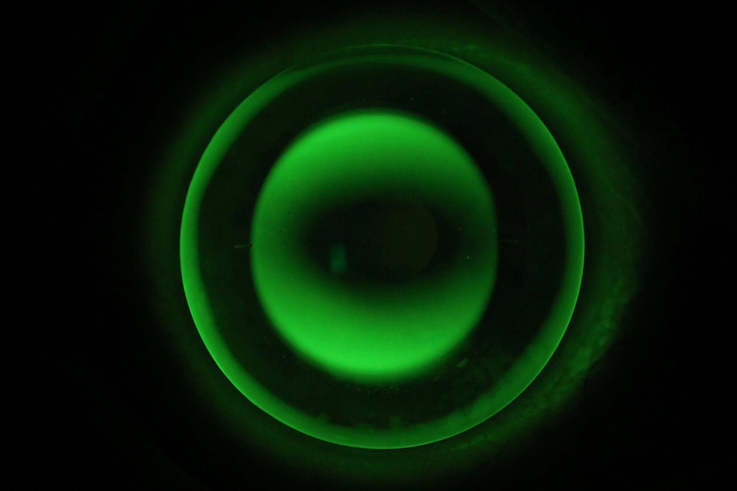An orthokeratology lens to correct astigmatism, viewed under green light.