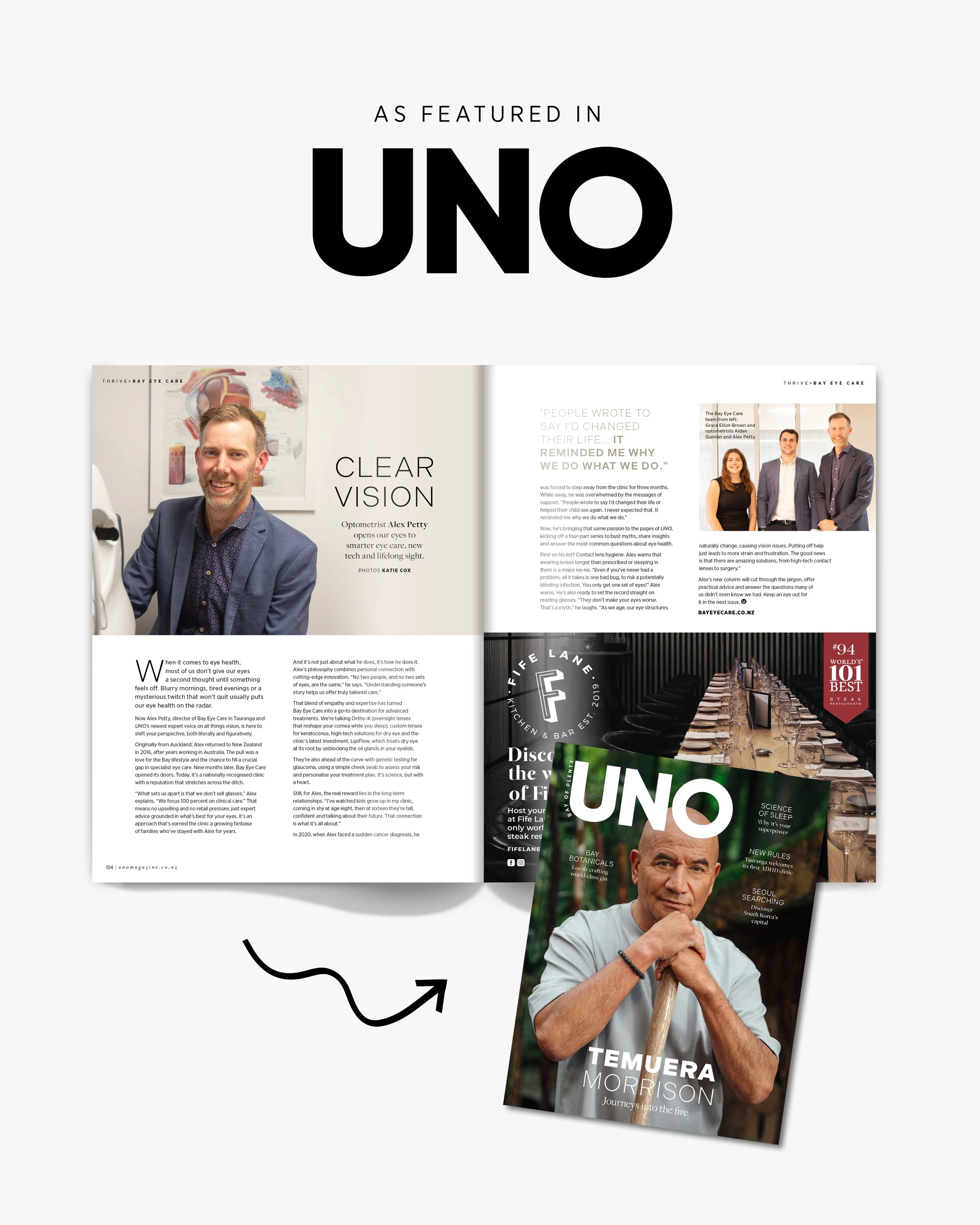 Alex Petty and the Bay Eye Care team feature in the local Uno Magazine Spring 2025