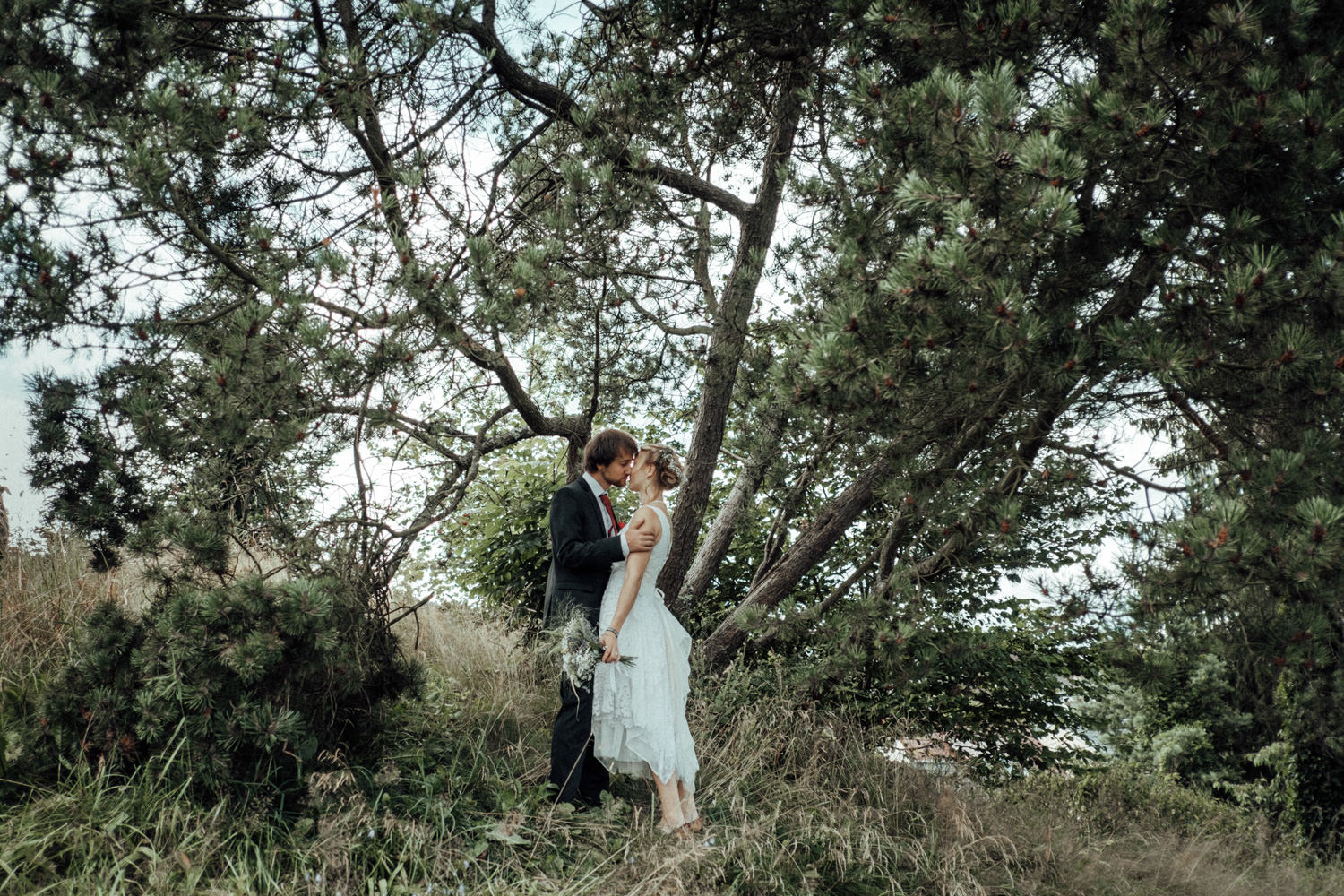 Brautpaar küsst sich in der Natur vor der Hochzeit