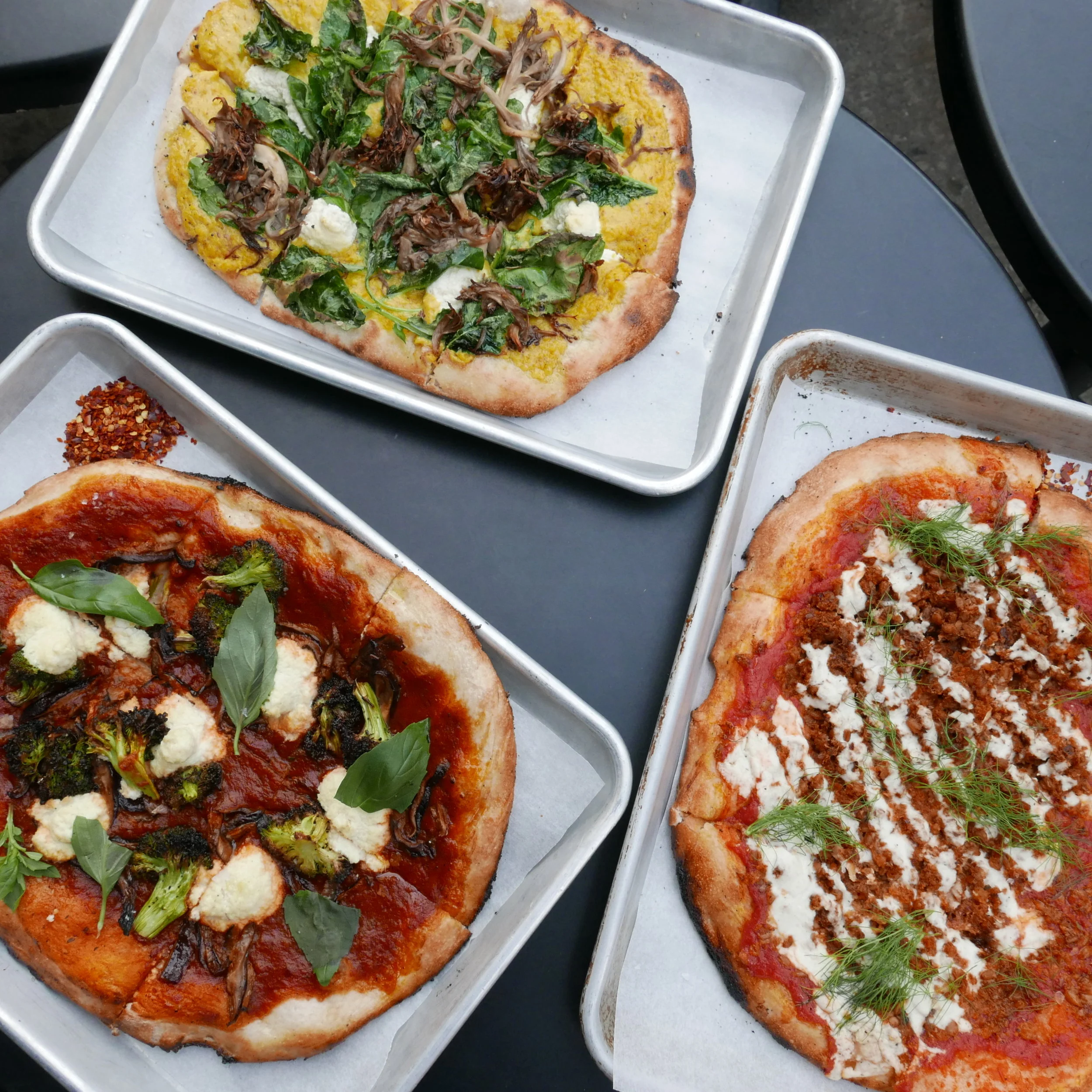 Farro-Fennel Sausage Pizza, Tomato Basil Pizza, White Pizza