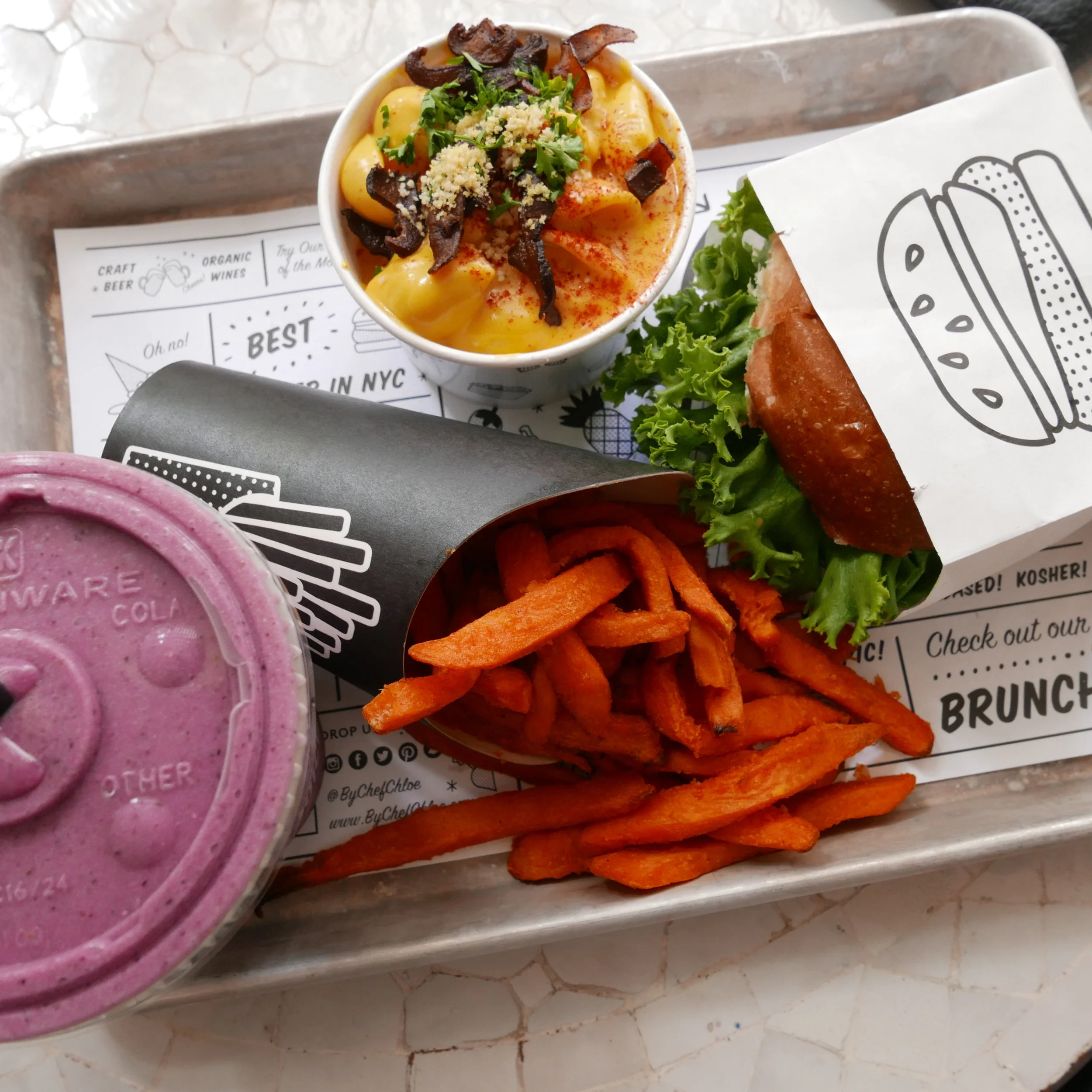 Guac Burger, Sweet Potato Fries, Mac and Cheese