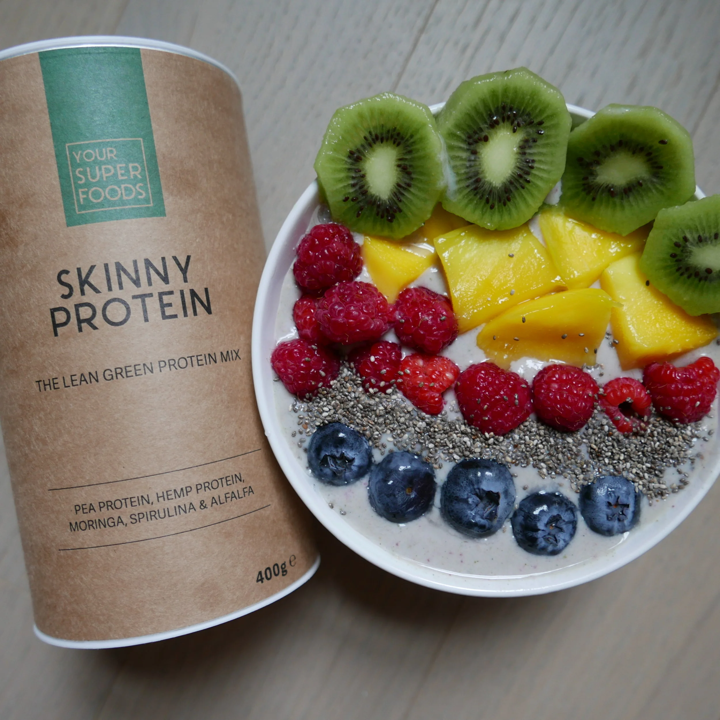 Skinny Protein - 62% lean and green plant-based protein. made with organic moringa, spirulina, alfalfa grass and protein from plants — including pea and hemp. I put this inside a morning smoothie bowl!
