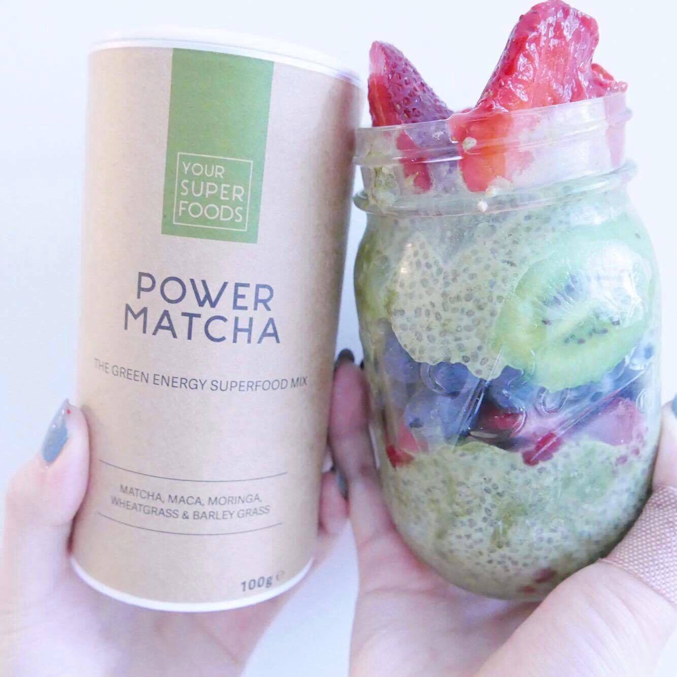 Power Matcha - matcha green tea with ancient maca root, African moringa leaves, powerful wheatgrass and barley grass. I mixed it with a chia seed pudding to make a Power Matcha Pudding Mix!