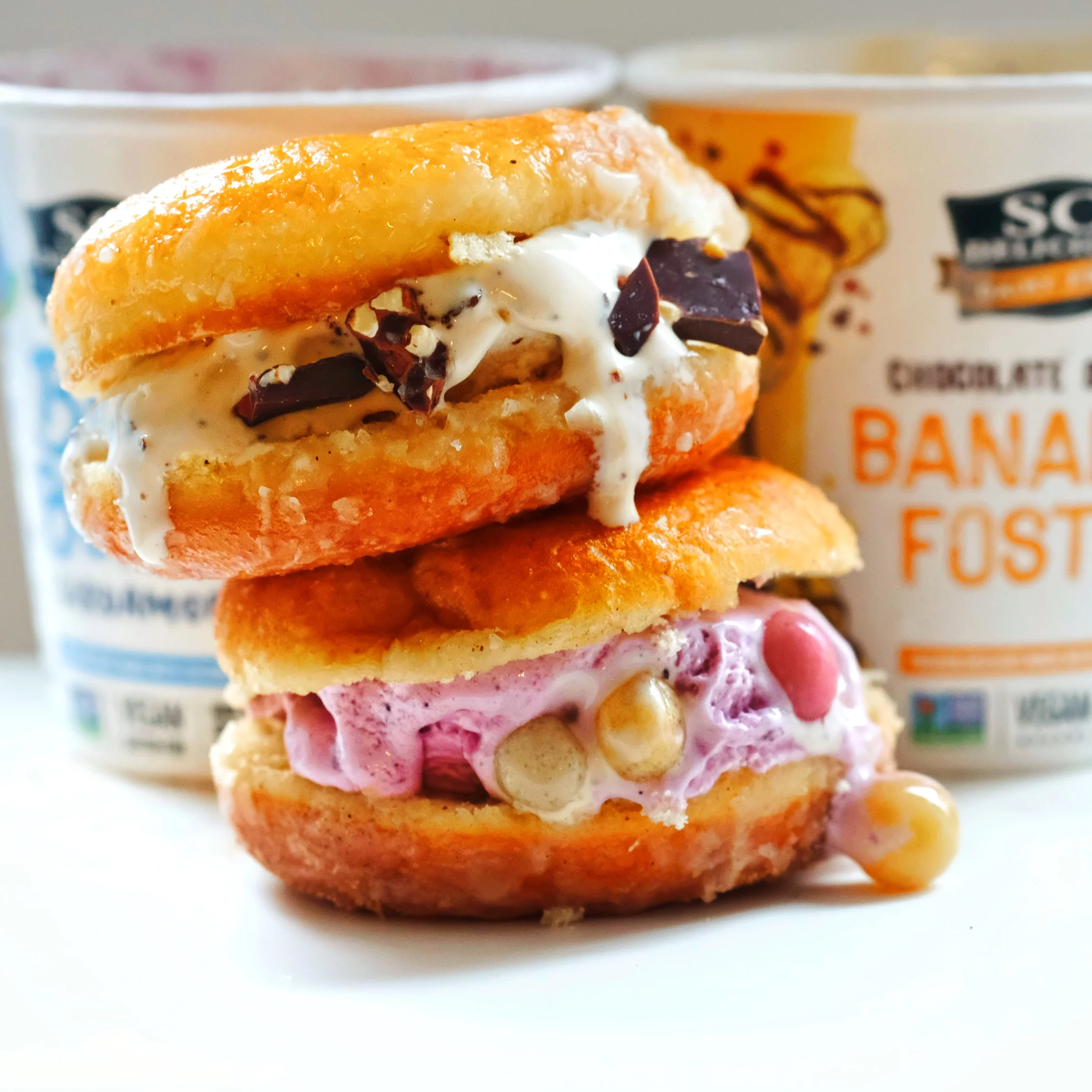 Blueberry Cardamom Ice Cream Donut Sandwich and Chocolate Drizzleed Bananas Foster