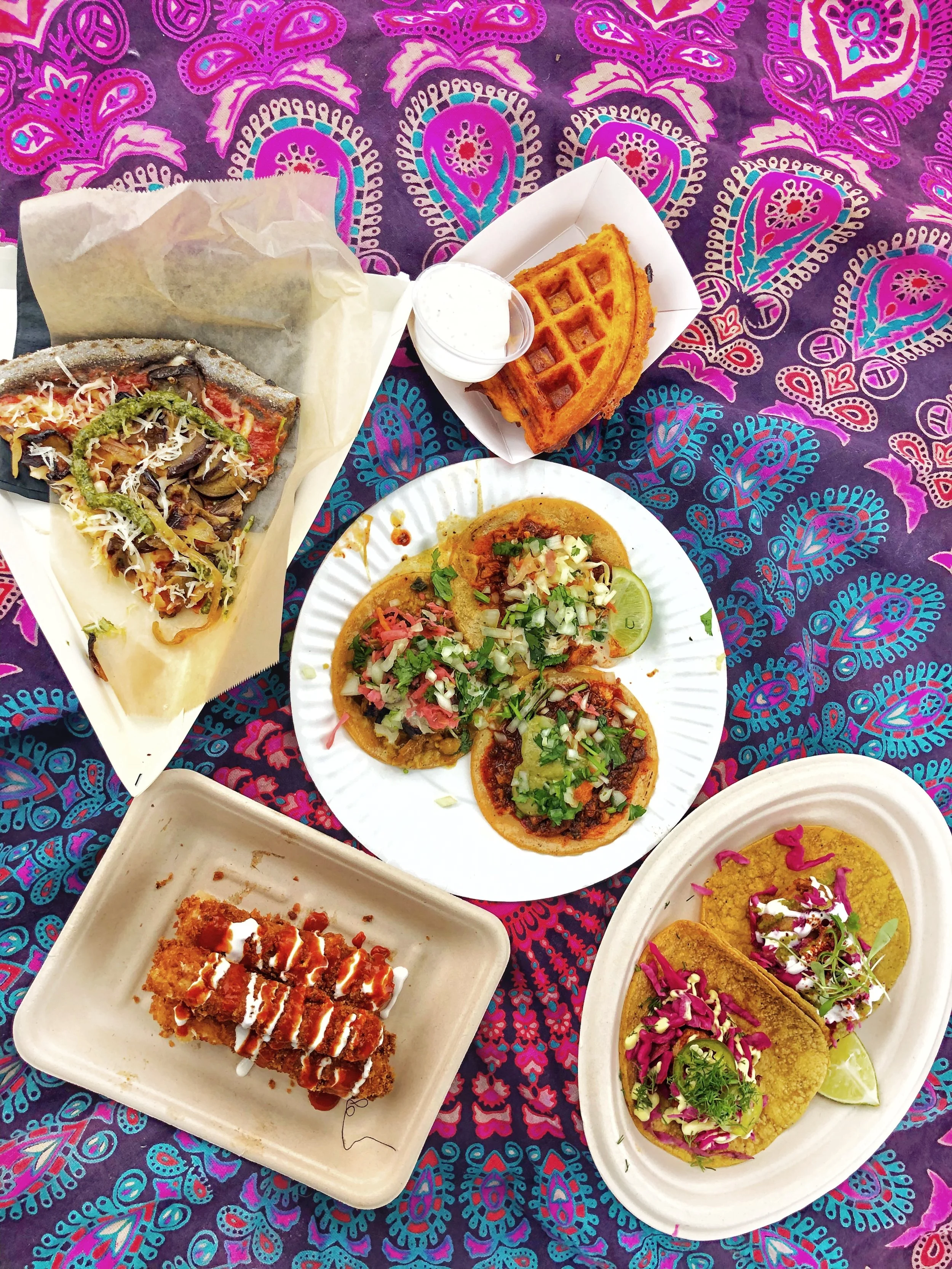 Top to Bottom: Clara Cake's Mac and Cheese Waffle, PIcky Wops, Charly's Vegan Tacos, Club Mexicano