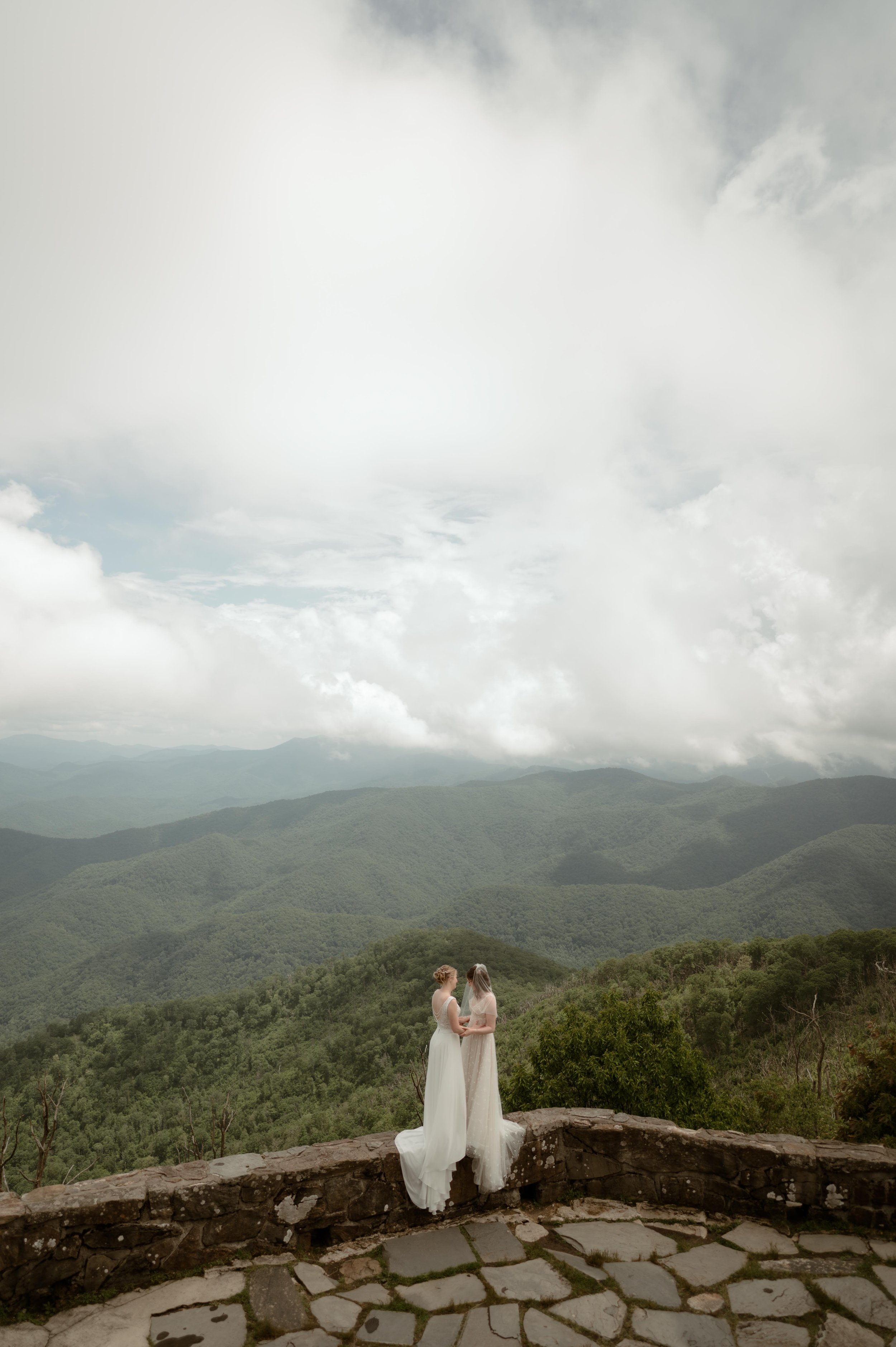 Cinematic North Carolina wedding photography two brides pose overlooking the Appalachian mountains in Nantahala, North Carolina. Cinematic Memphis wedding photographer. Moody Memphis wedding photographer. Moody North Carolina wedding photographer.