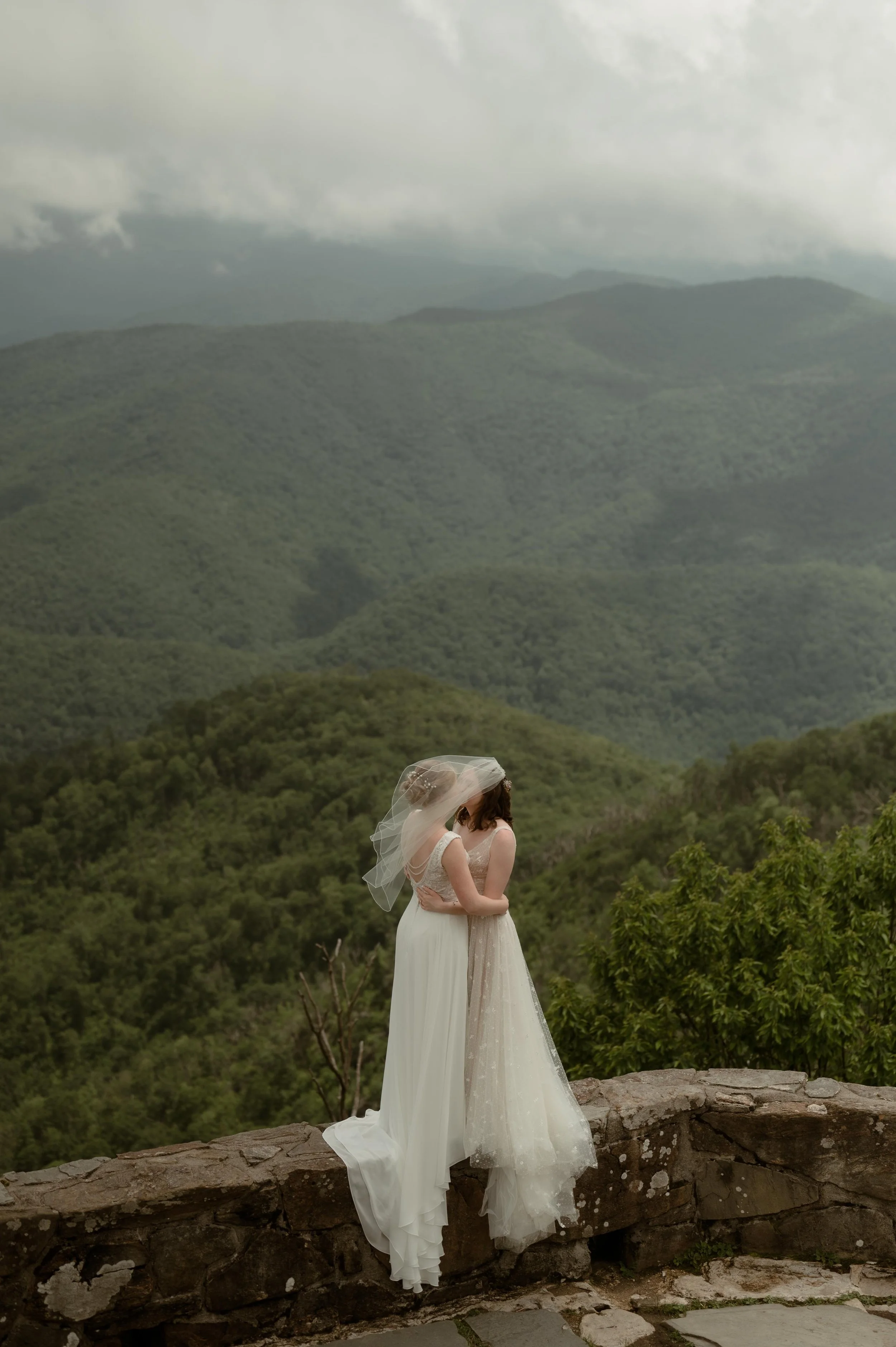 Cinematic North Carolina wedding photography two brides pose overlooking the Appalachian mountains in Nantahala, North Carolina. Cinematic Memphis wedding photographer. Moody Memphis wedding photographer. Moody North Carolina wedding photographer.