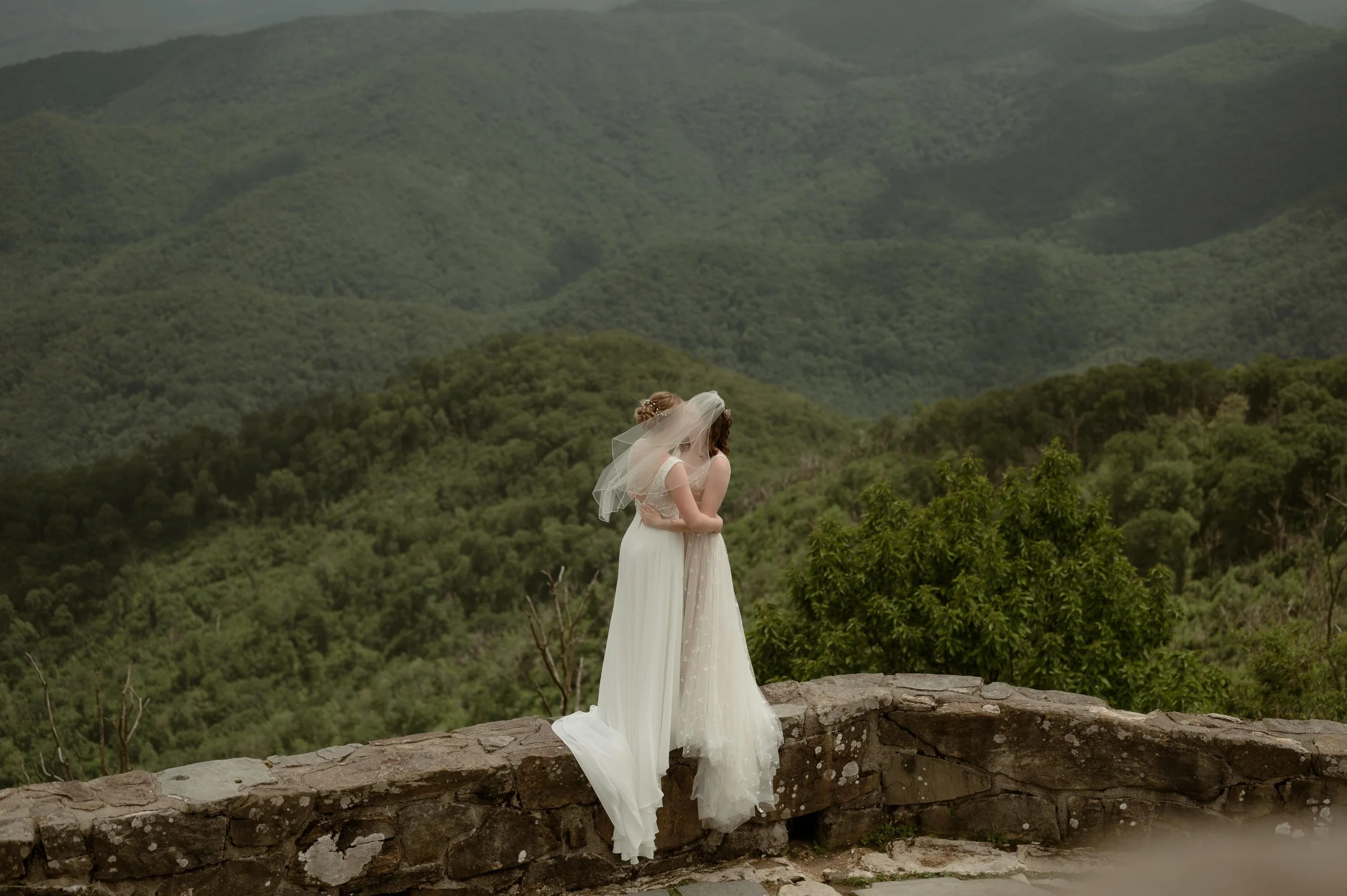 Cinematic North Carolina wedding photography two brides pose overlooking the Appalachian mountains in Nantahala, North Carolina. Cinematic Memphis wedding photographer. Moody Memphis wedding photographer. Moody North Carolina wedding photographer.