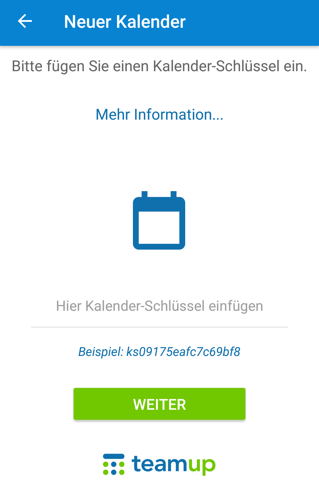 Um einen Kalender in der App hinzuzufügen markiert und kopiert ihr bitte den Kalender-Schlüssel und fügt diesen in der App wieder ein.
