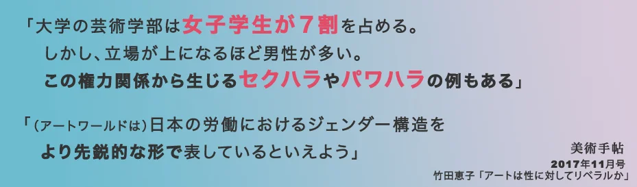 セクハラは性別にかかわらず起こる被害です。私たちはすべての被害者のために声をあげます。 一方で、日本のアート界にある構造的な性差別により、犠牲者の多くが女性や性的マイノリティーに偏る現状もあります。私たちは、すべてのセクハラ被害者と寄り添うとともに、アート界に長年ある、そのようなシステマチックな性差別について、多くのアート関係者や学生が認識し、全員で被害防止のためのアクションを取れるよう、活動を続けたいと思います。
