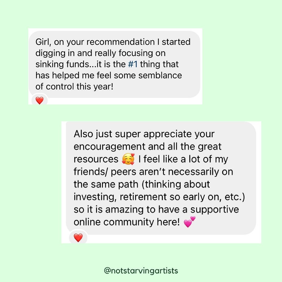 Two very important things to note:

1. Sinking funds RULE
2. community is hella important on a financial wellness journey

Do you have a friend you can text to celebrate a money win with you? are YOU the money friend?

Start bringing up money topics 
