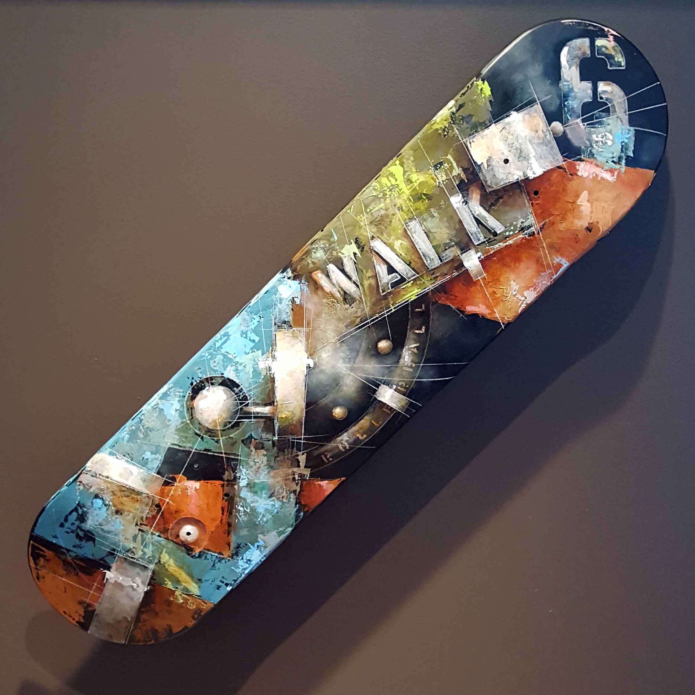 Title: Jonathan E Medium: Oil & Colored Pencil on Skateboard Size: 8" x 32" Copyright: 2017 Catalog #: 17.017