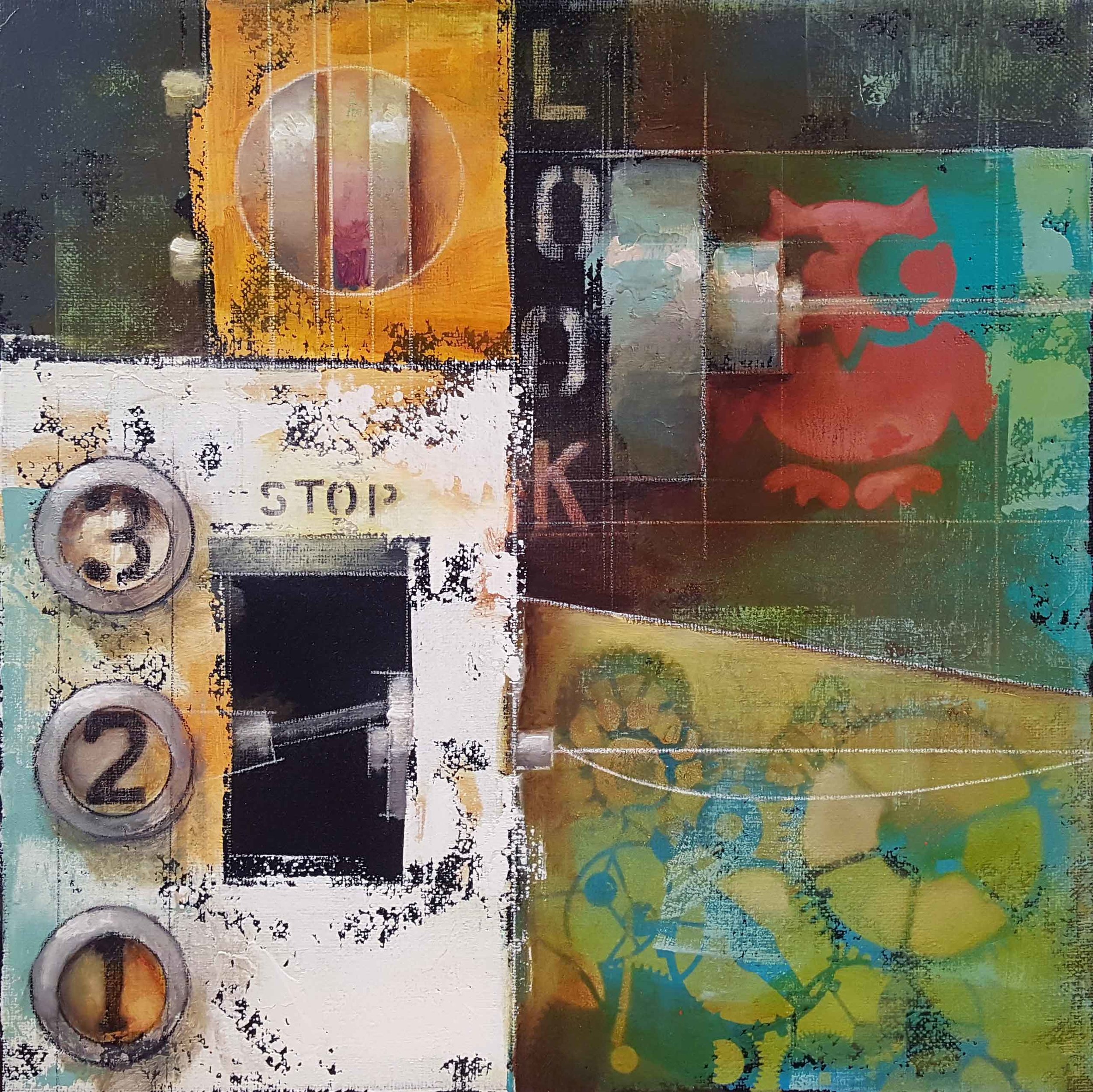 Title: Stop - Look - Listen Medium: Mixed Media - Oil, Colored Pencil, Spray Paint Size: 12” x 12” Copyright: 2019