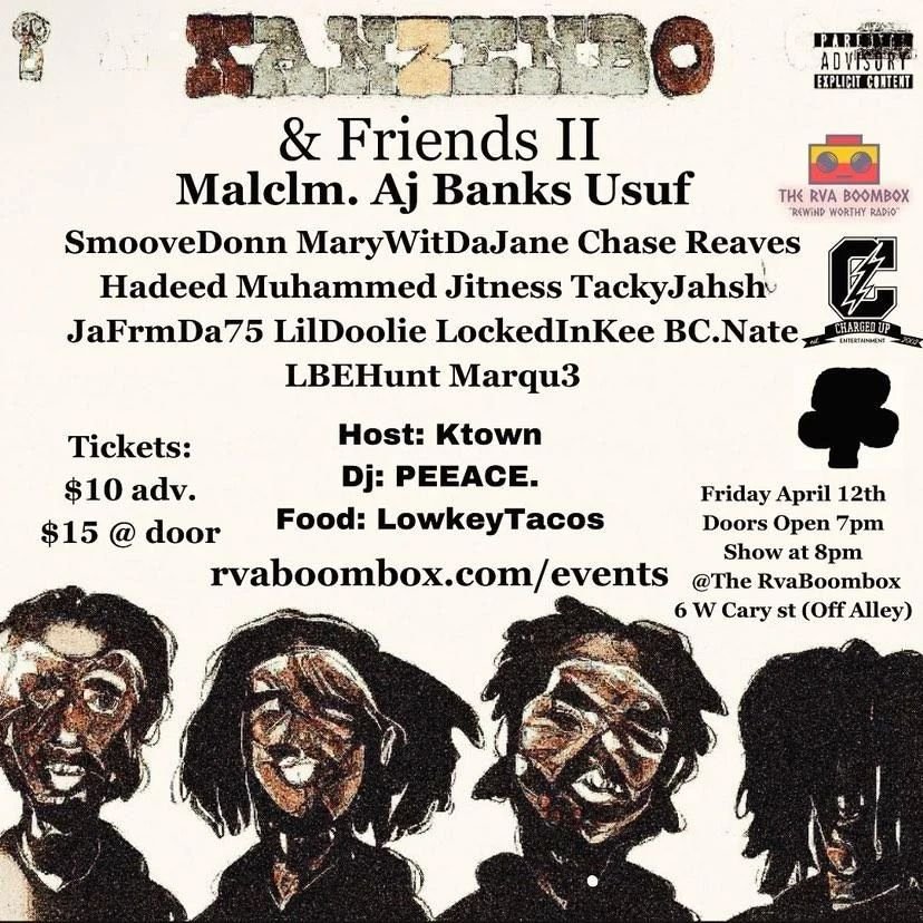 TONIGHT ⚡⚡⚡

KANZENBO &amp; FRIENDS II
7PM
THE RVABOOMBOX
6 W CARY ST
RICHMOND, VA

Purchase tickets at RVABoombox.com

Featuring @malclm._  @u.suf_ @amirjbanks @smoovedonn @tjdayv @hadeedm3 @marywitdajane @jitness_  @koolassdoolie @jafrmthe75 @bc.na