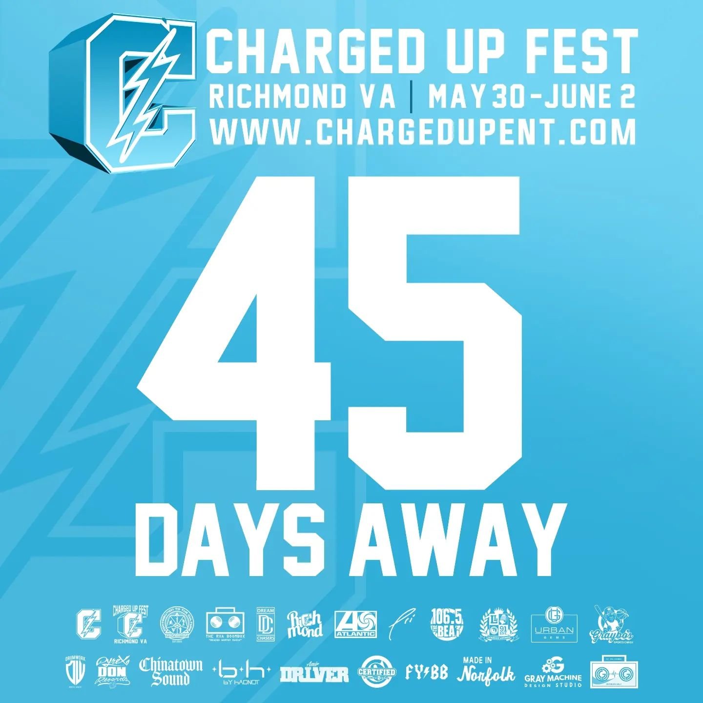 Have you heard about what we are planning?

Charged Up Fest
May 30th-June 2nd
Richmond, Virginia

www.ChargedUpEnt.com
#CHARGEDUPENT #rvaevents #rvaartsdistrict
#CHARGEDUPFEST #rvafestivals #chargeduppromo
#RICHMOND #rvaconcerts #chargedup #CHRGDUP
#