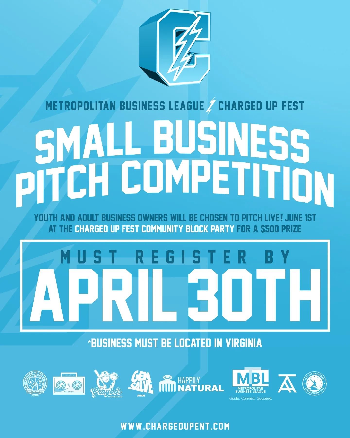 We are partnering with the Metropolitan Business League to host a small business pitch competition at our Charged Up Fest block party. 

10 small business owners will compete live for a chance to win a $500 grant

Registration is free and open to mid