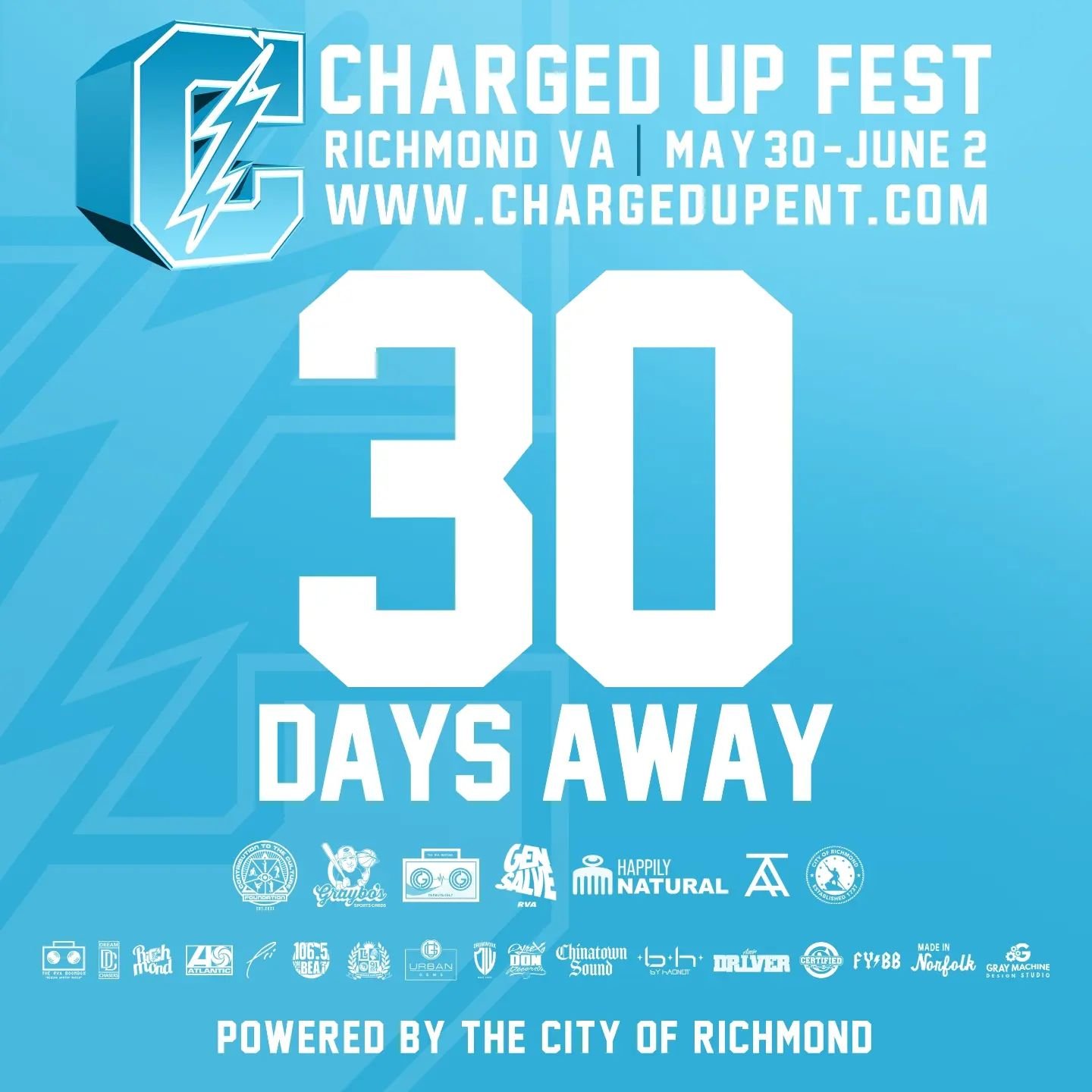 We are 30 days away from the inaugural @chargedupfest in Richmond, Virginia.

For the first time major &amp; independent artists, labels and platforms will converge in RVA for 4 days of Community, Culture &amp; Education.

For tickets &amp; itinerary