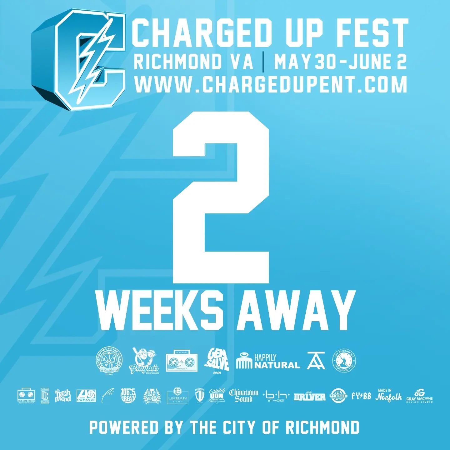 We are only two weeks away from @chargedupfest !

Get involved by visiting www.ChargedUpEnt.com
.
.
.
.
.
#chargedupent #chargedupmerch #chargedup #rvaartsdistrict #rvasmallbusiness #richmond #VA #Streetwear #fashion #vahiphop 
#CHRGDUP #REALCHARGEDU