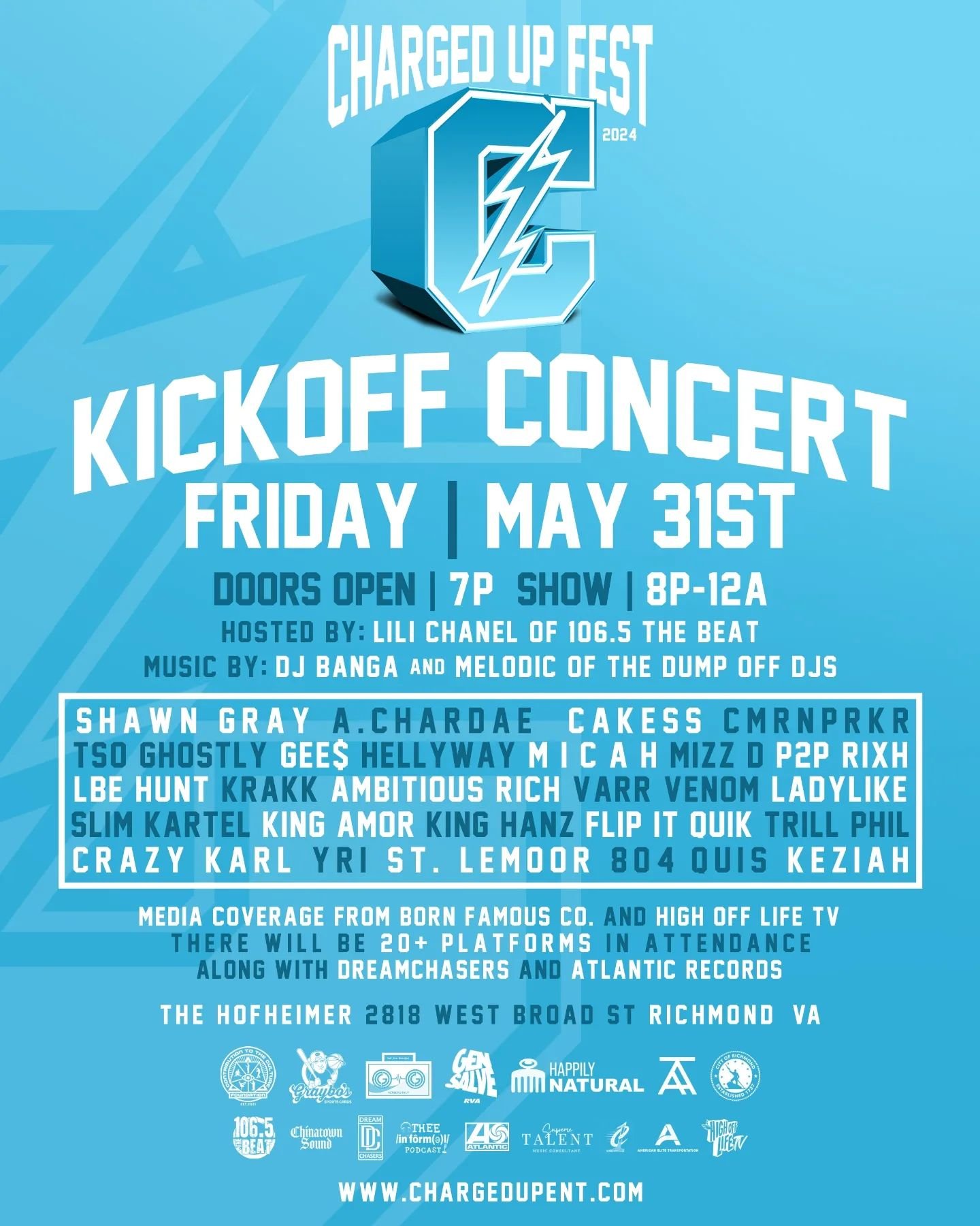 For the First time in History we are bringing 20+ media platforms under one roof to Kick Off Charged Up Fest

Friday May 31st
The Hofheimer
Richmond, VA

Purchase tickets and RSVP for FREE events at www.ChargedUpEnt.com 
.
.
.
.
.
.
#chargedupent #ch