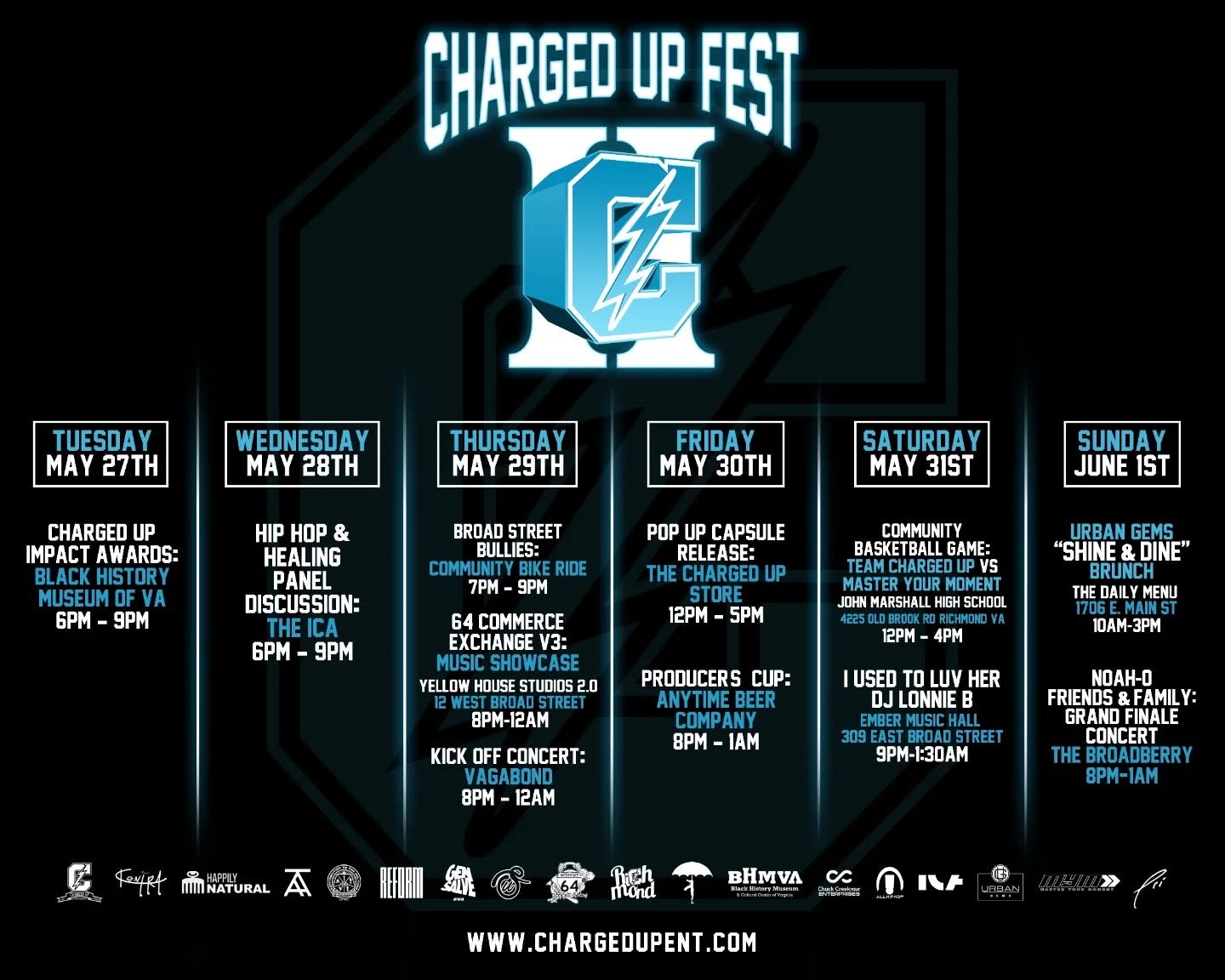 Charged Up Fest II is almost here!
May 27th &ndash; June 1st | Richmond, VA

A full week of energy, music, and culture you do not want to miss.
Tap in with the movement &mdash; the city is ready. Are you?

RSVP &amp; get your tickets NOW before they&