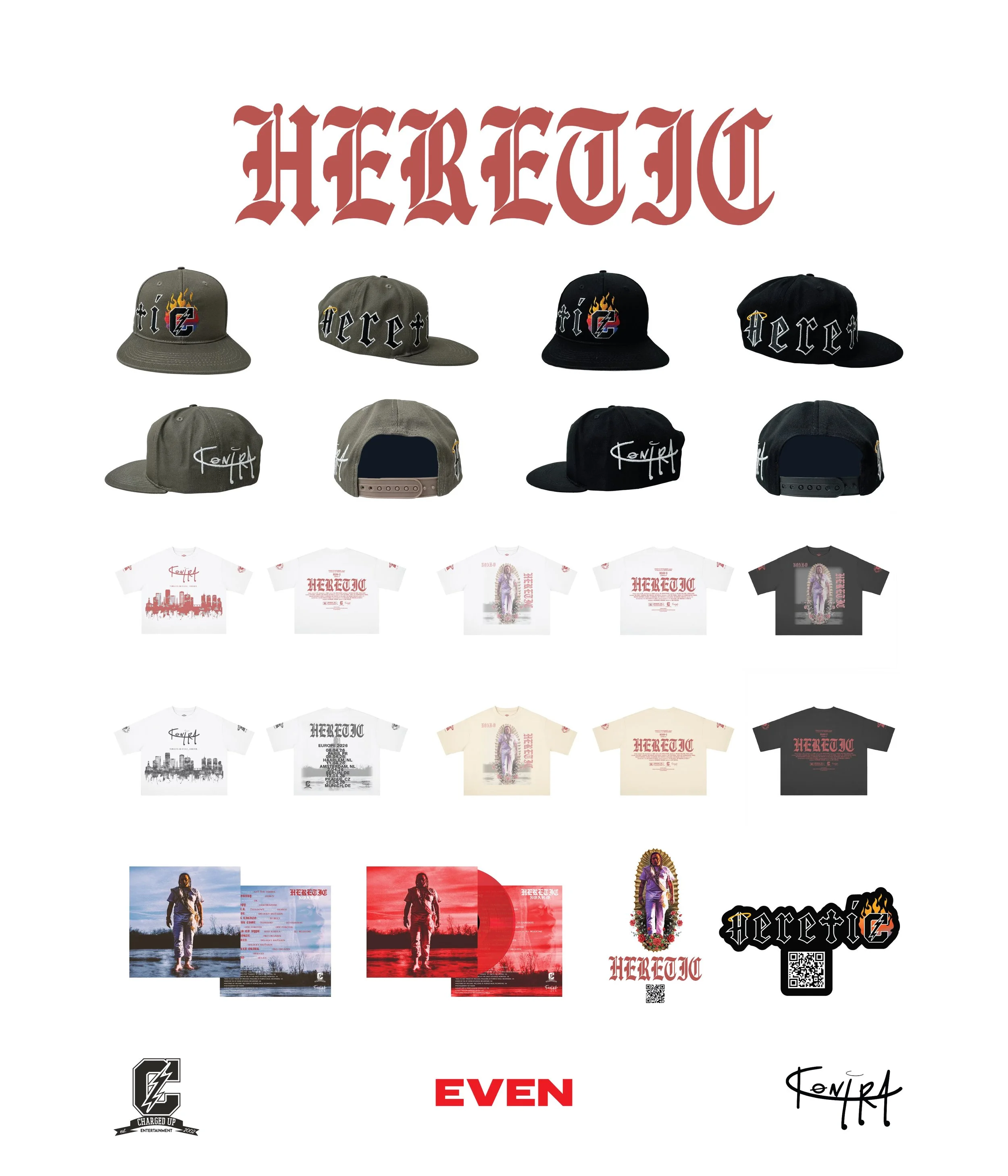 Noah-O Heretic album merch grid featuring official clothing and bundles available on EVEN.BIZ