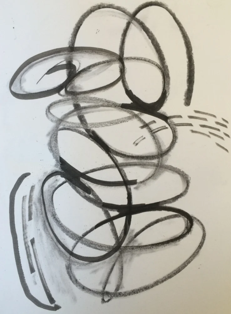 RV PAINTINGS 2015- Charcoal drawings on recycling canvas. Oval evolving on newsprint paper. Energy painting. More ...