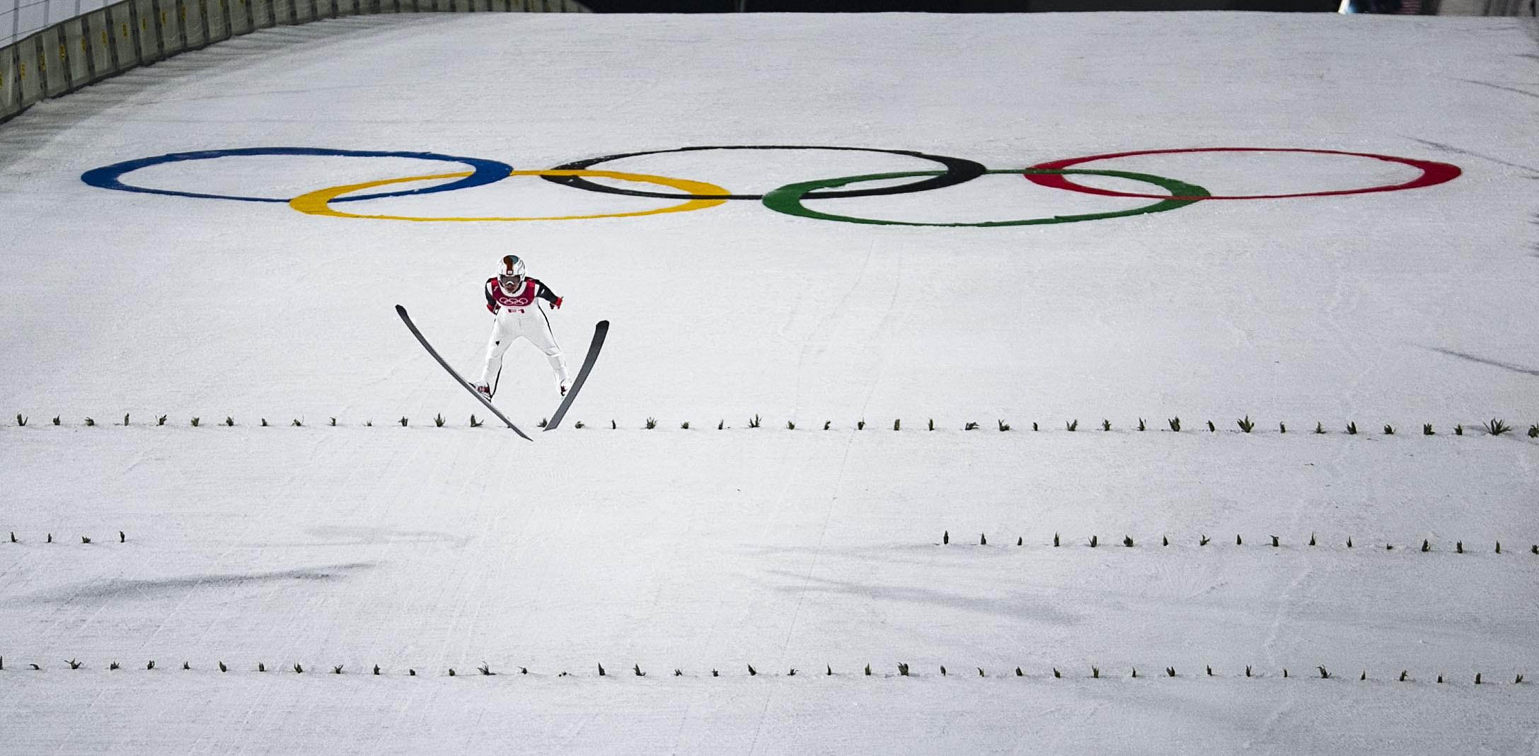  A ski jumper lands on the hill at PyeongChang Ski Jumping Center, South Korea, Feb. 16 during the 2018 Winter Games.  