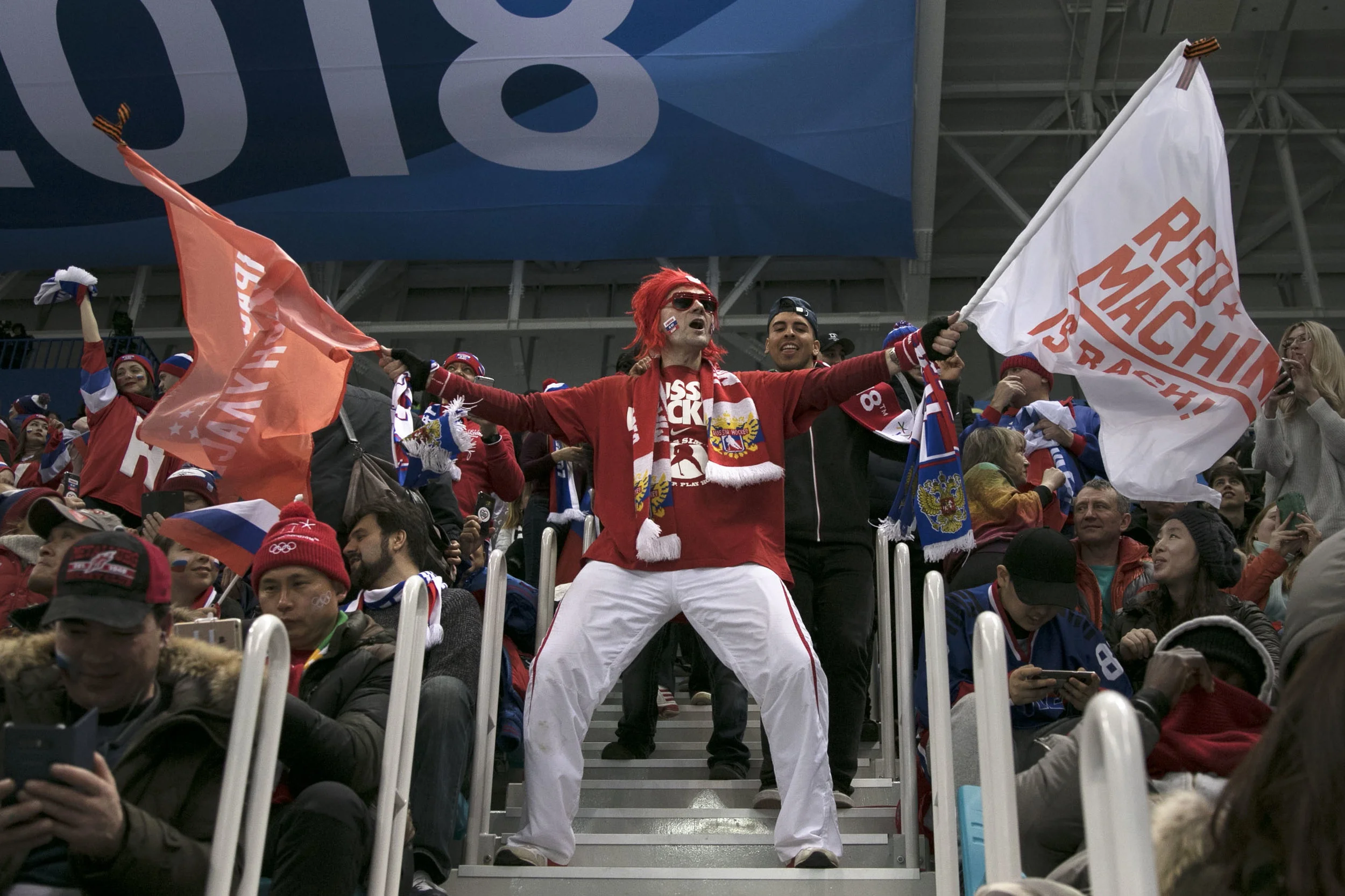 Olympic Athlete’s of Russia fans wildly cheer after after scoring in the second period against the U.S., Feb. 17, at Gangneung Hockey Centre. U.S. lost, 4-0 in a shut out against the Olympic Athlete’s of Russia.