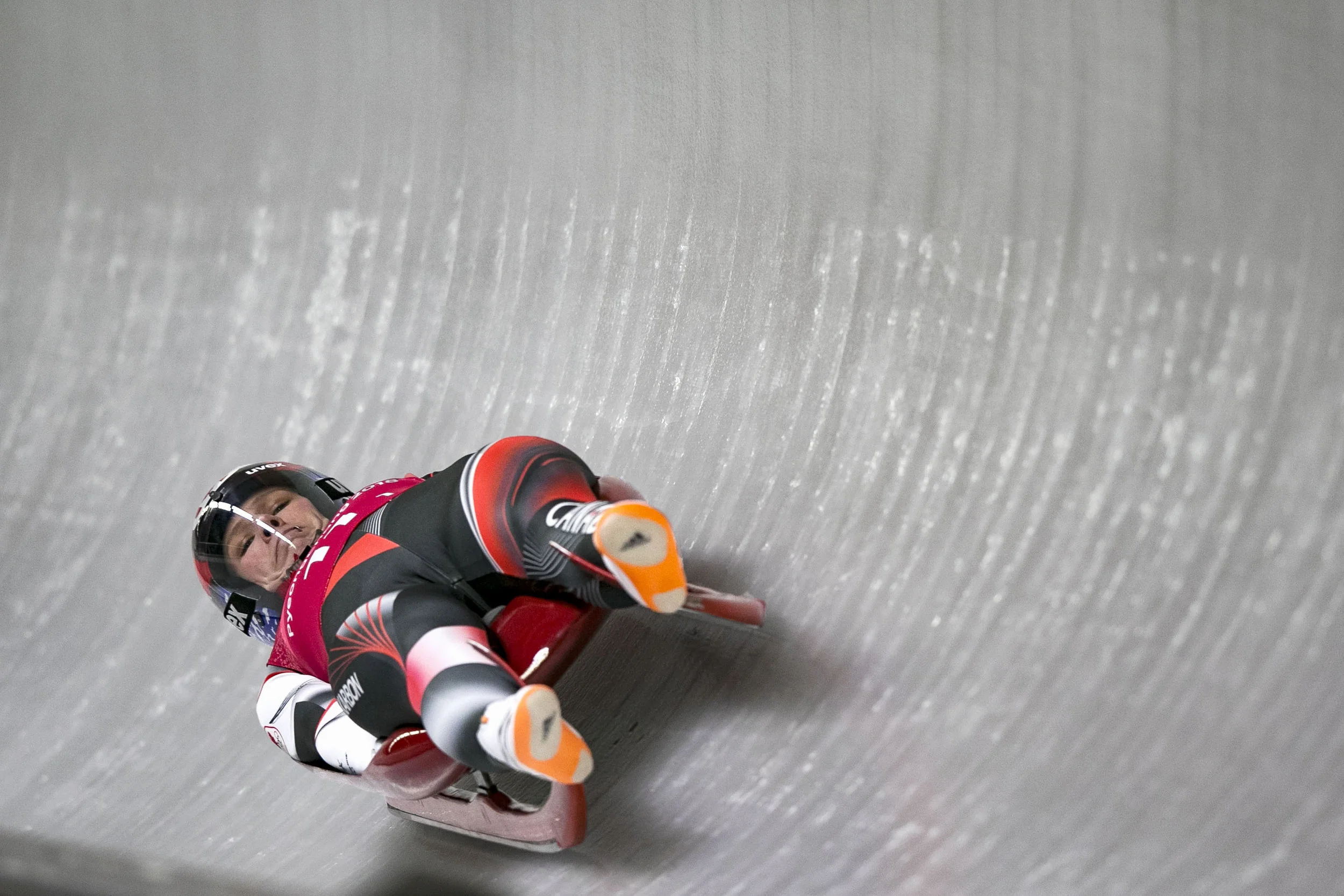  Canada’s relay team luger Alex Gough, searches for the target as she slides around the final corner, Feb. 15 at Alpensia Sliding Centre, PyeongChang, South Korea. Canada’s relay team of Alex Gough, Sam Edney, Tristan Walker, and Justin Snith won sli