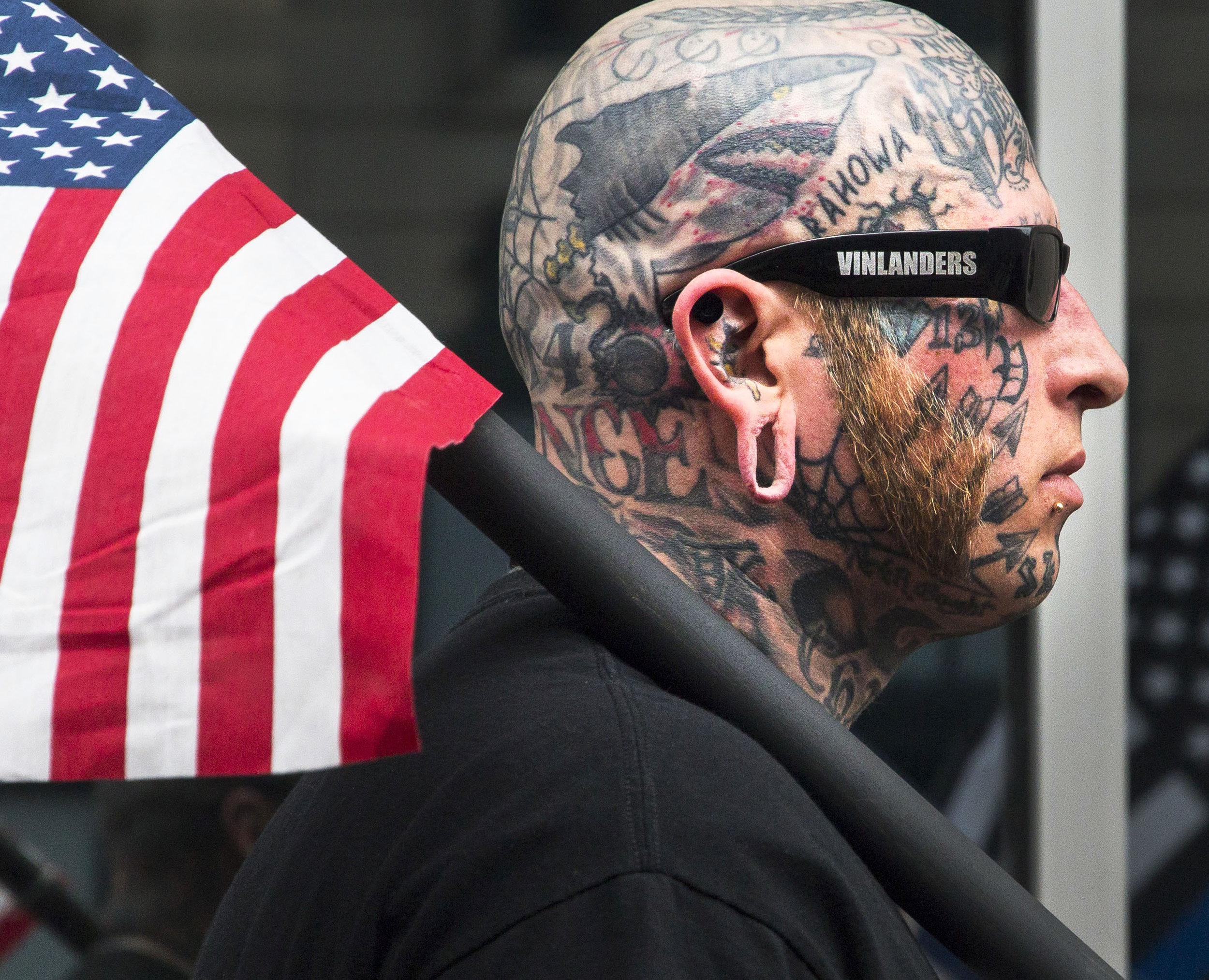  A Vinlander Social Club member walks down Monument Ave, in the MAGA March, March 25, in downtown Indianapolis. Pro-Trump supporters gathered outside the state house to show support for police and military personnel in the wake of controversy against