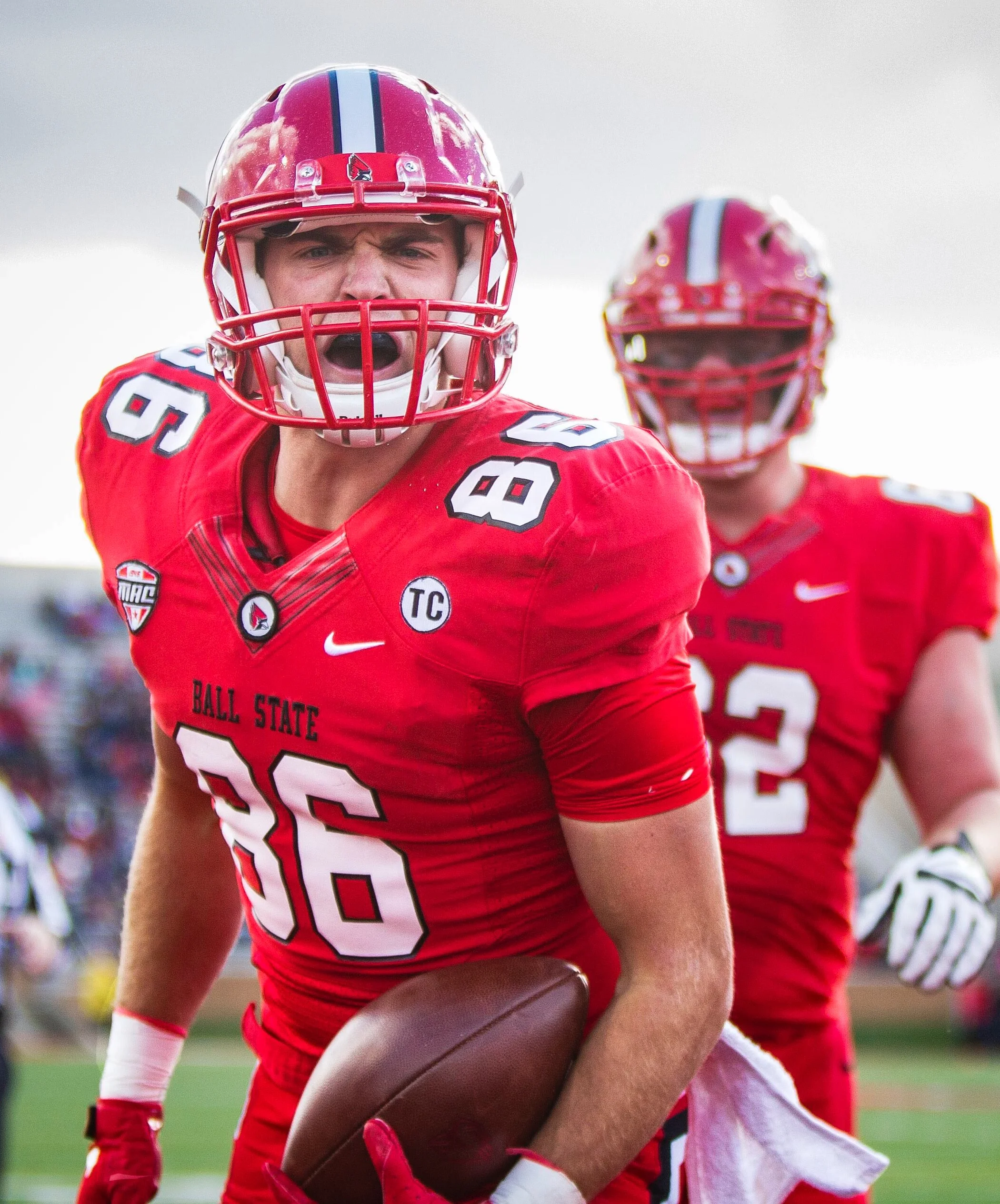  Wide receiver Riley Miller screams in excitement after competing a catch giving Ball State their first touchdown against Eastern Michigan, Saturday, Oct. 20, at Scheumann Stadium.  