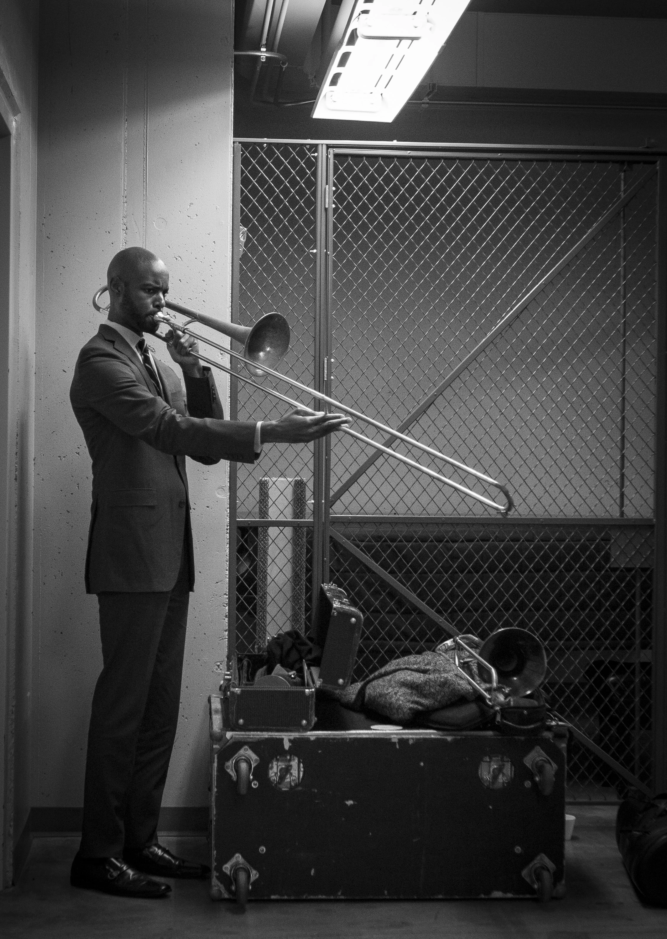 Jazz at Lincoln Center Orchestra practices backstage at Sursa Hall, Ball State University, Oct. 13, Muncie, Ind. Photos for Ball State Creative Services