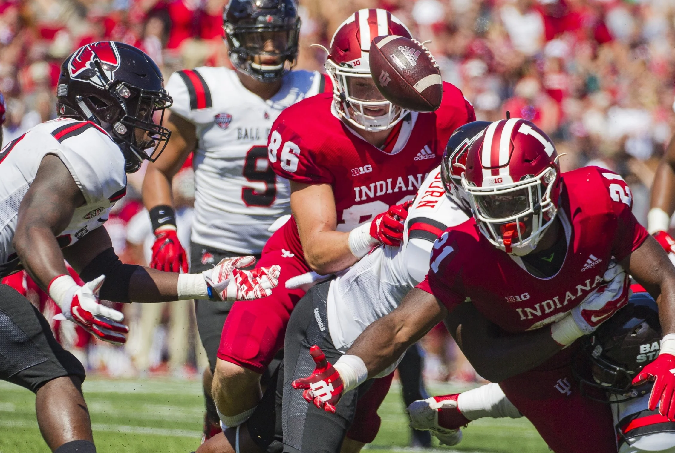  Freshman running back Stevie Scott fumbles the ball and recovered by red shirt senior linebacker Jeremiah Jackson, Saturday, September 15, at Memorial Stadium, in Bloomington, IN. Ball State lot to IU, 10-38.  Photos for Ball State Daily News  