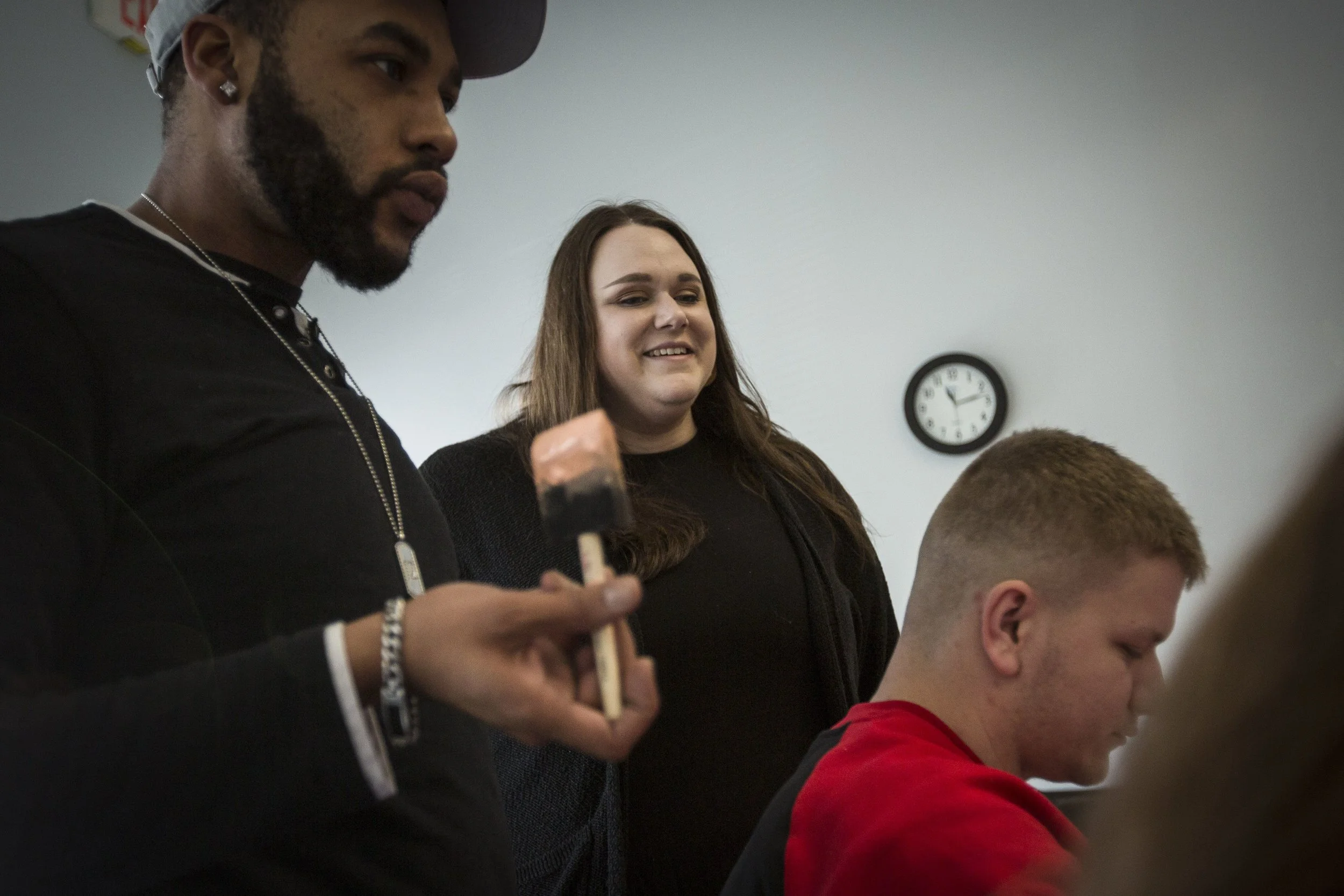  Ball State University guardian scholar coordinator Olivia Fellows watches her students paint on canvas's for a Valentines Day get together, Feb. 9, at Huffer Childcare Services, Muncie, IN. Fellows works in the Guardian Scholars Program helping form
