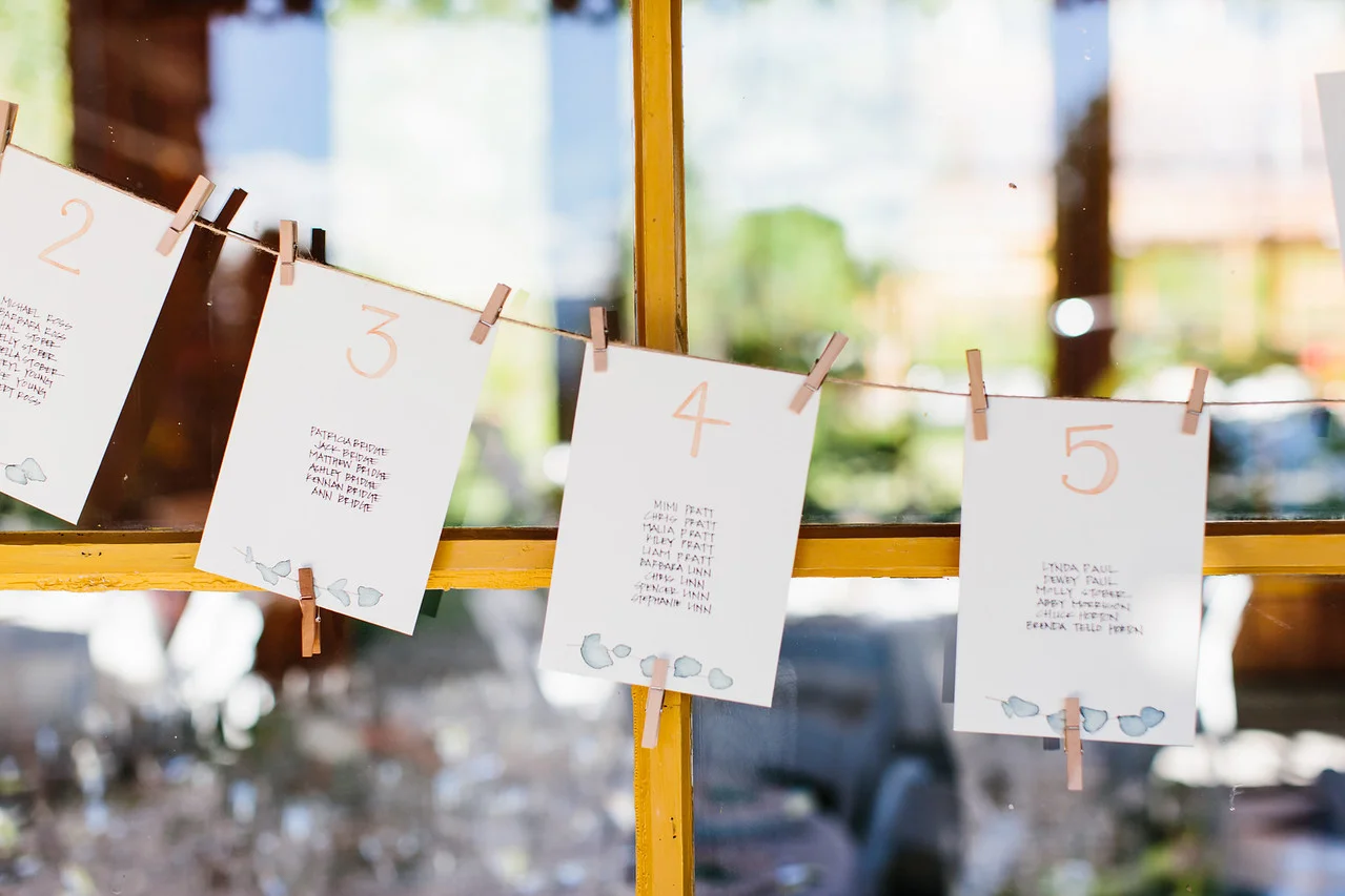 nick+christine | JULY 2018 Watercolor/script seating chart and table signage. PHOTOGRAPHER: SHELBY BRAKKEN VENUE: MT. HOOD ORGANIC FARMS
