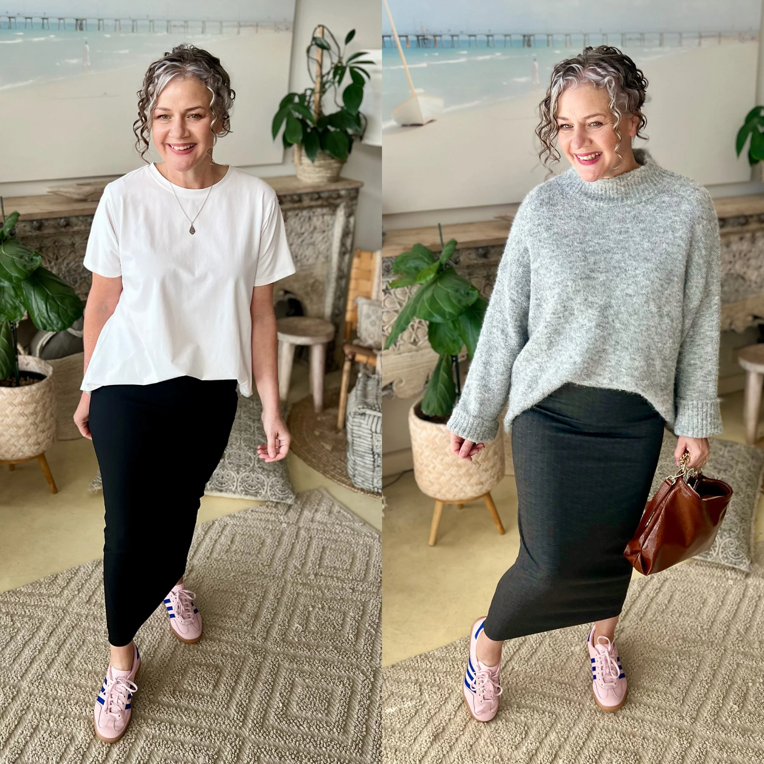 dark skirt street sneaker gray knit white tee handbag