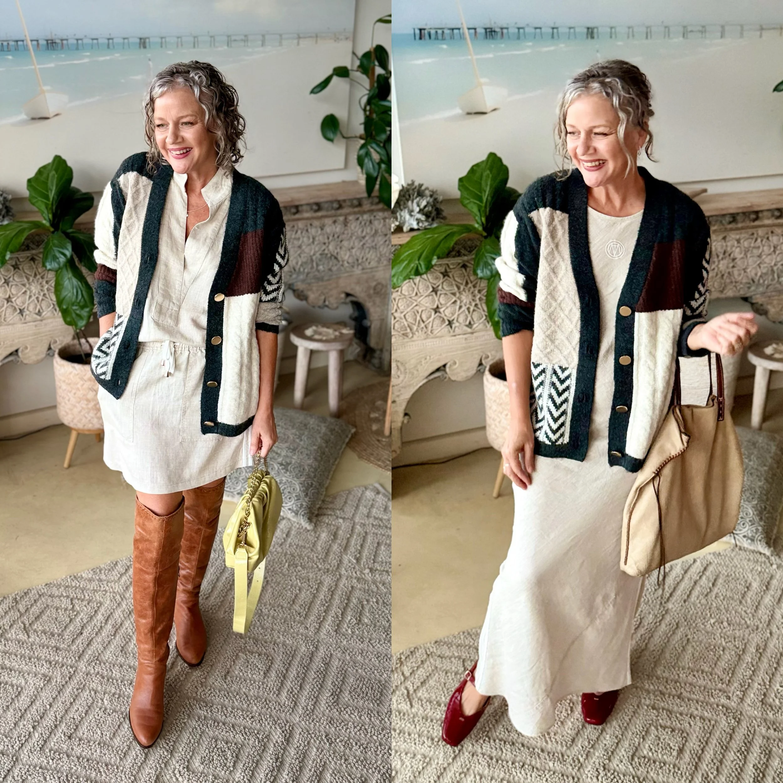 boots yellow hand bag dress skirt black and white cardigan