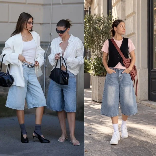 women posing blue jean jorts handbags white blazer street sneakers