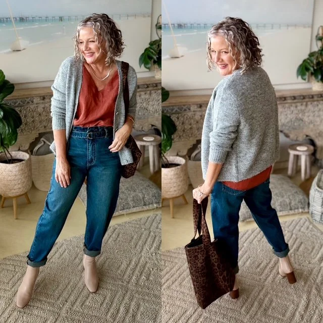 gray cropped cardigan red top blue jeans boots