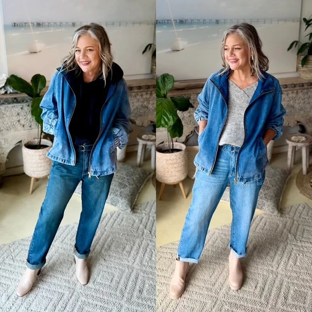 women standing denim jack denim jeans boots