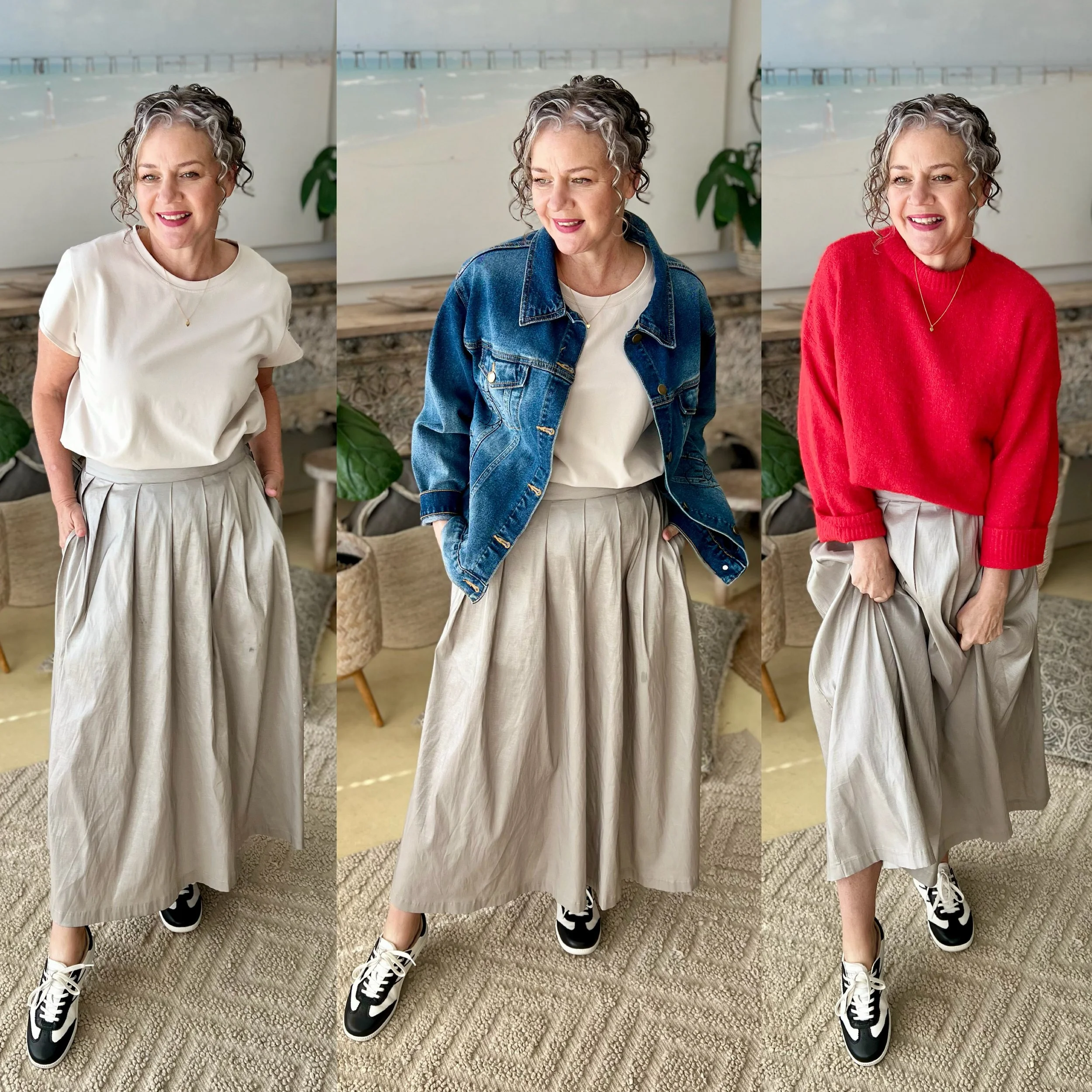 street sneaker red knit crea, skirt denim jacket tee