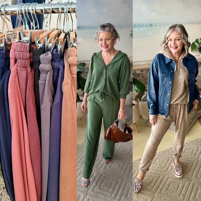 clothes rack green jumpsuit denim jacket outmeal hoodie