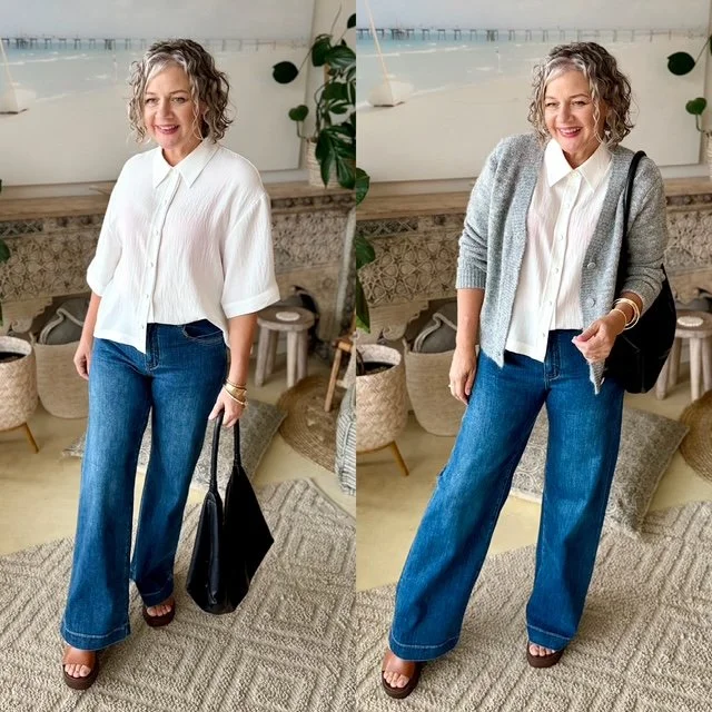 wide leg jeans shirt cardigan