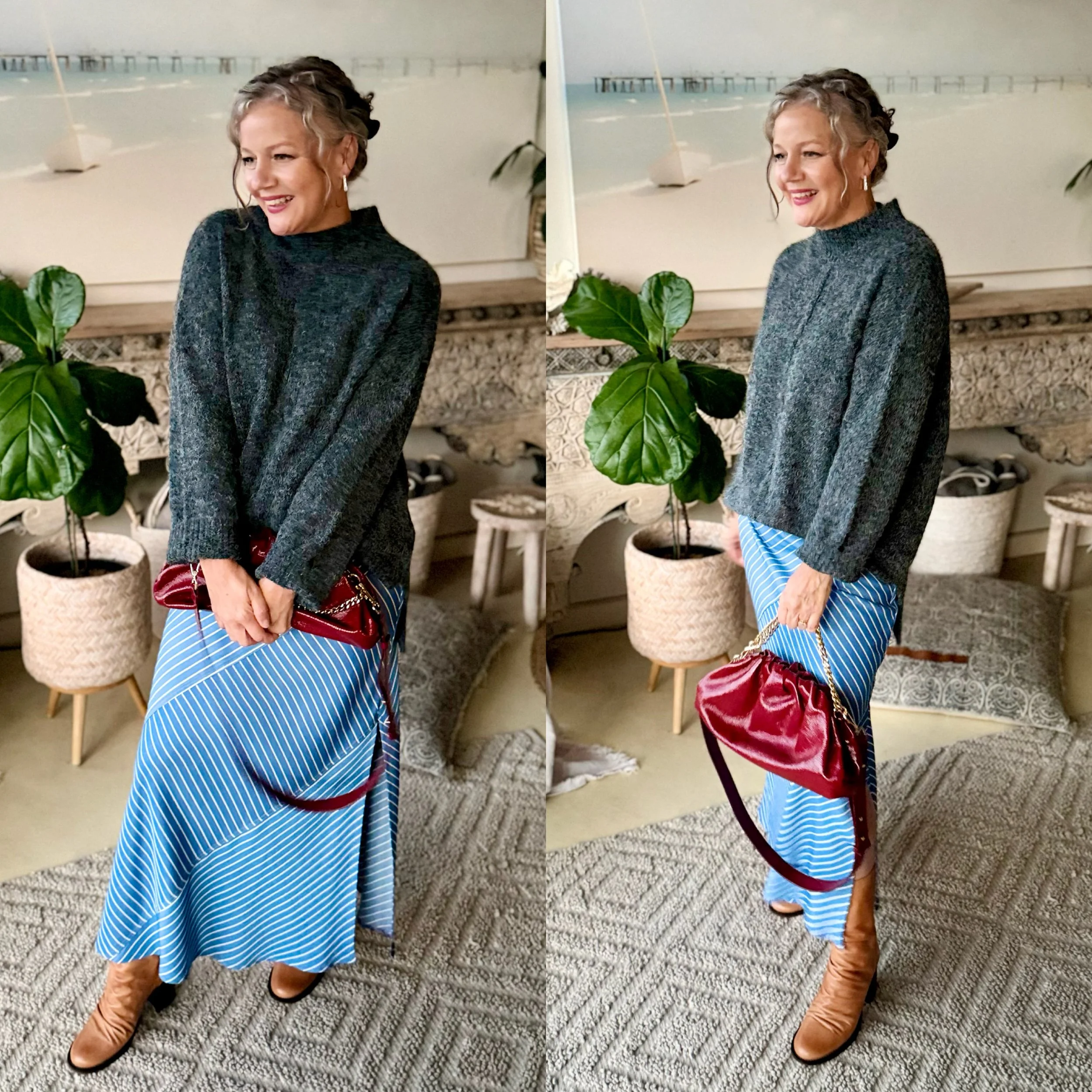 Woman wearing tan ankle boots with a blue striped midi skirt and charcoal knit sweater, showing how to style boots for an effortless everyday outfit.