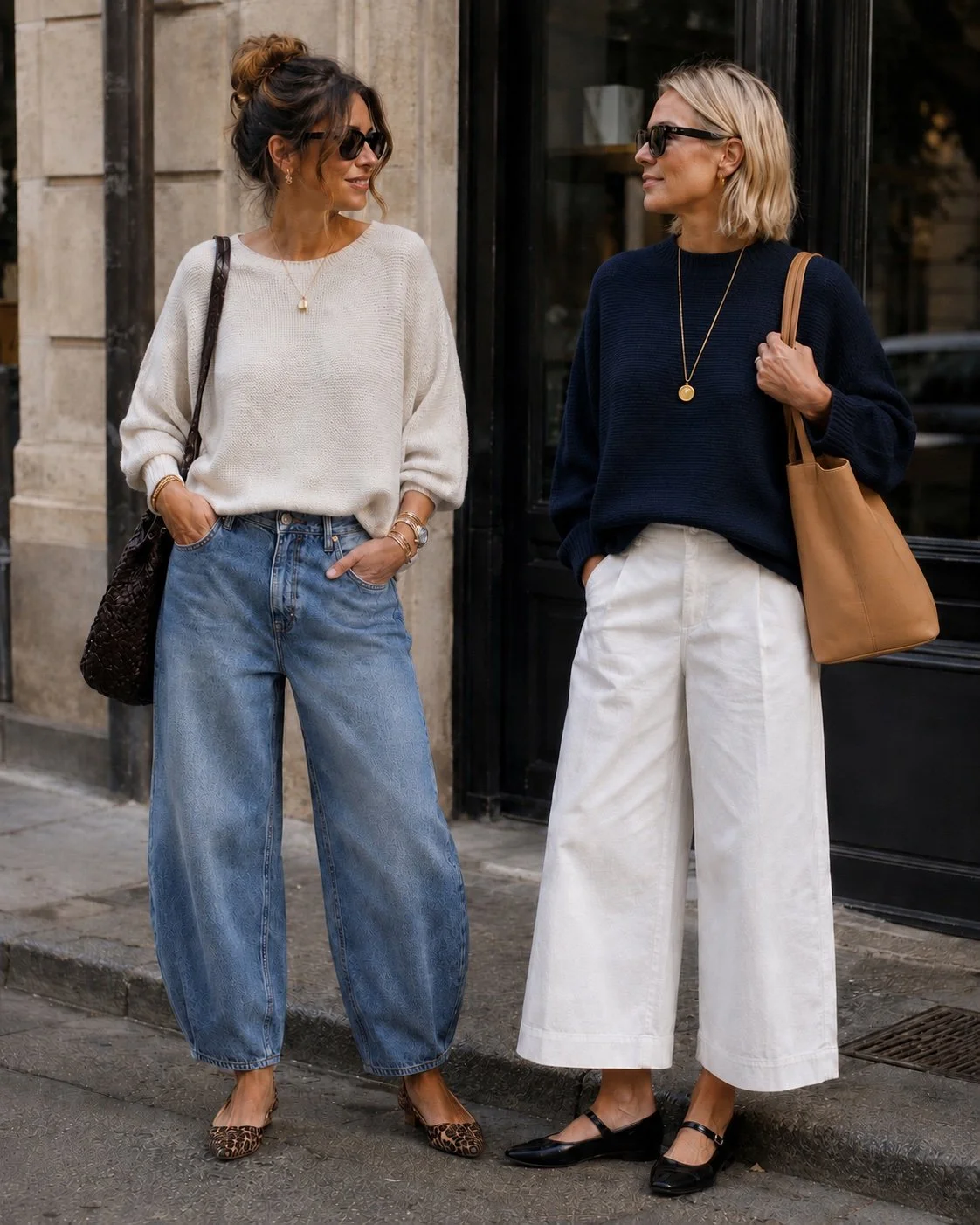 women standing blue jeans knits handbags in the street