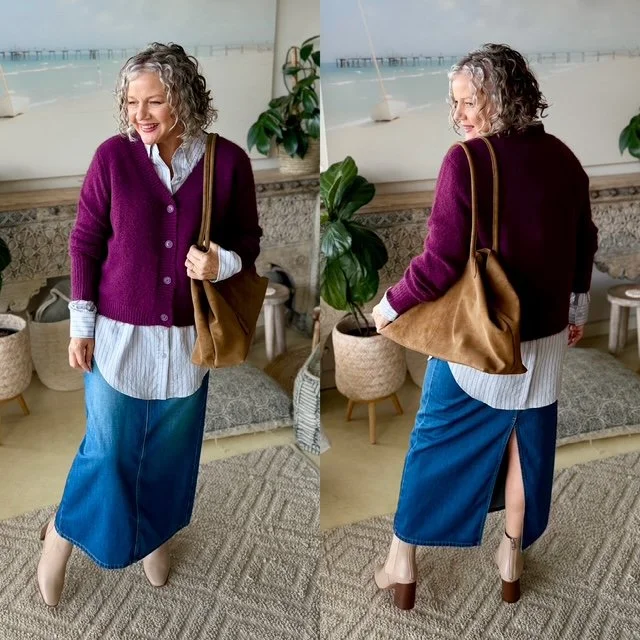 purple cropped cardigan jeans skirt