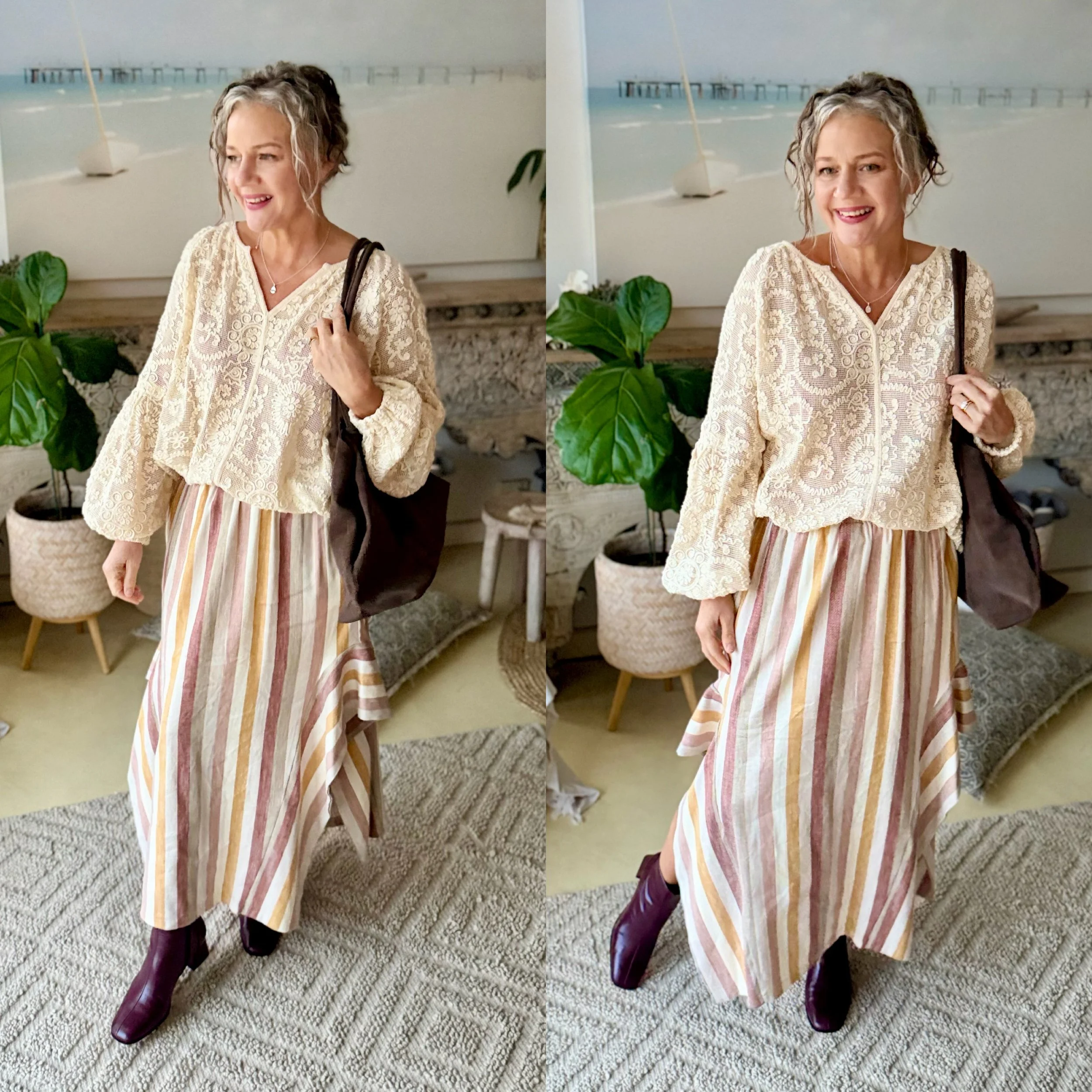 women standing crochet top skirt with vertical lines boots gray hair holding a handbag