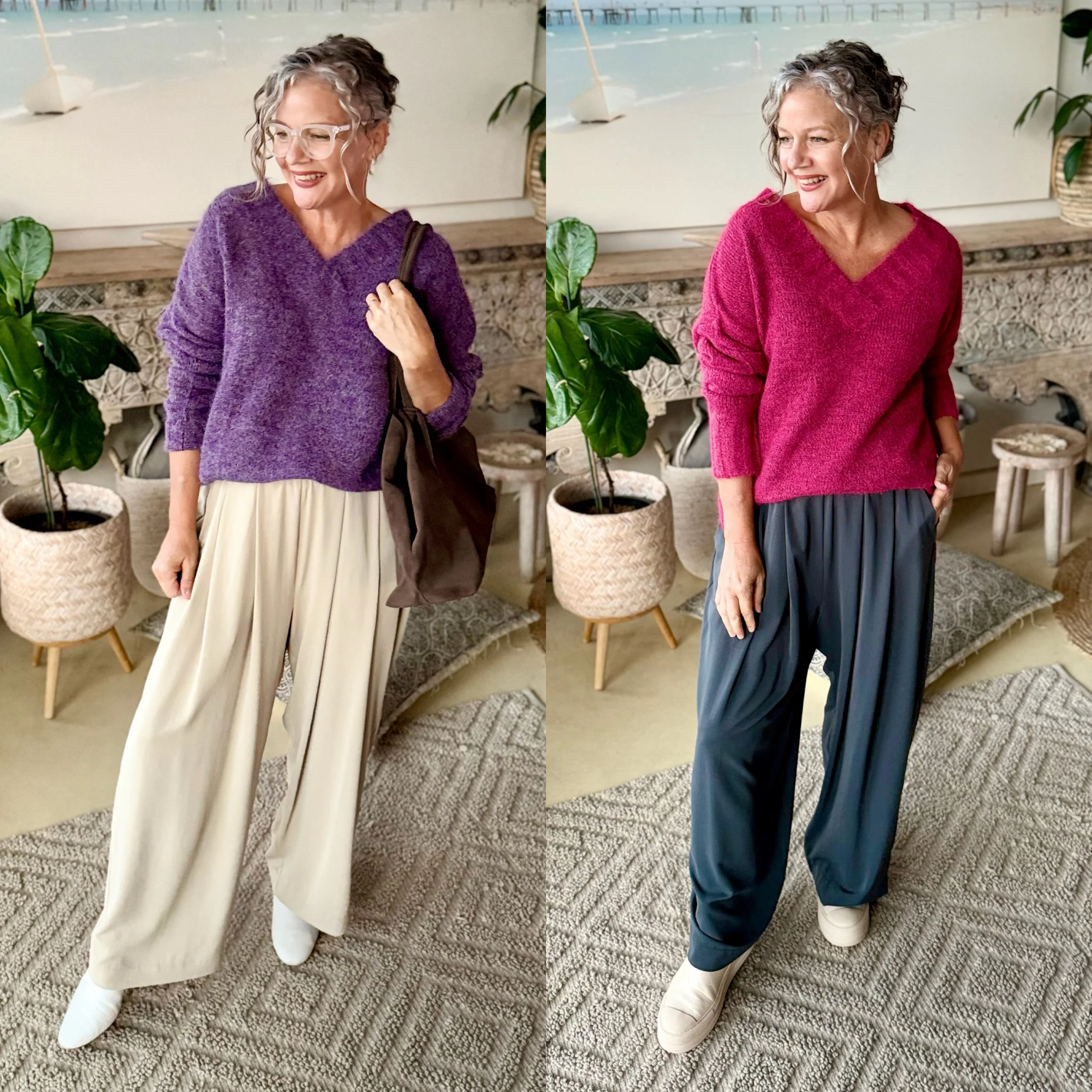 woman standing wiht bright knits purple pink baggy pants and ankle boots