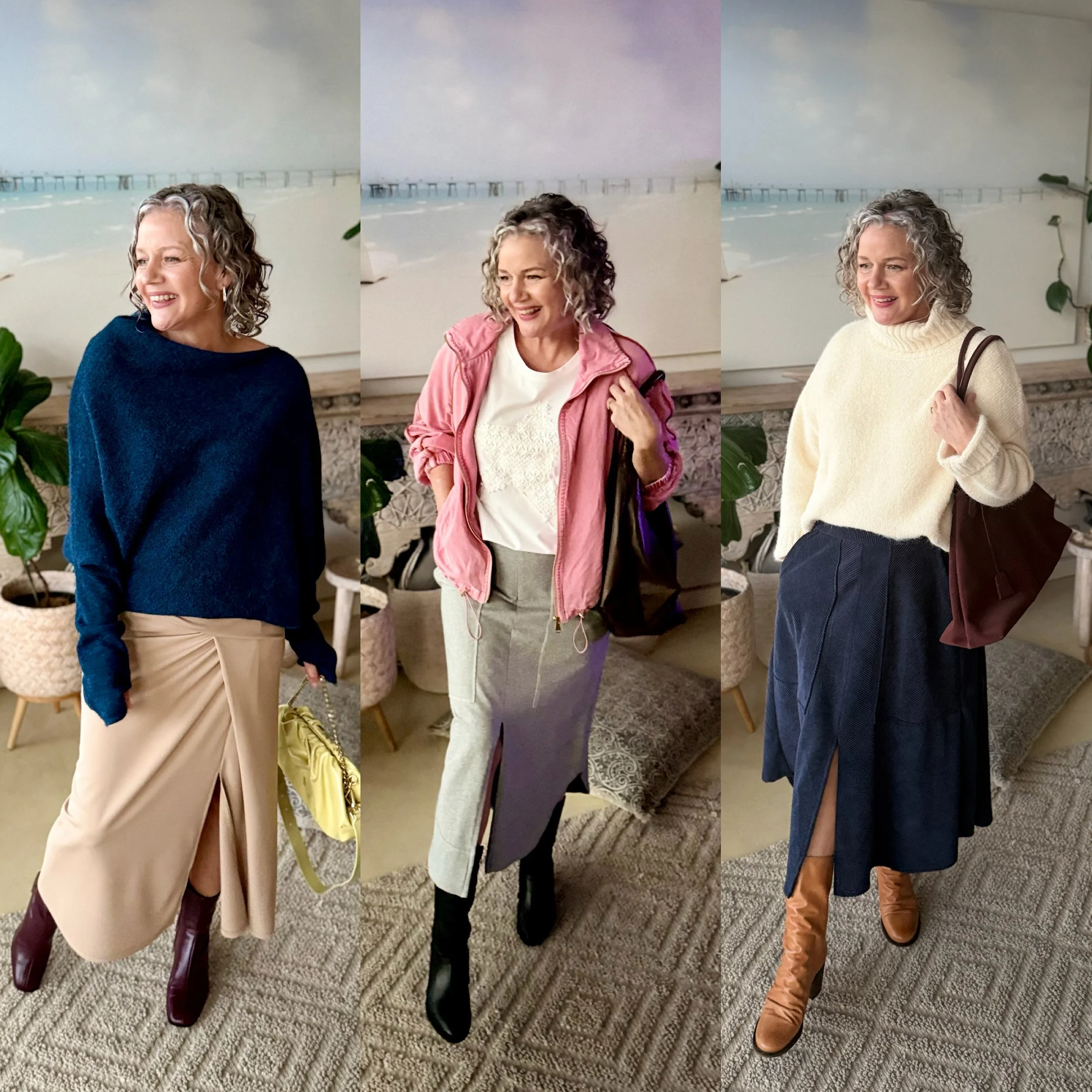 women standing midi boots dark brown black came blue knit pink jacket heavy blue skirt cream knit