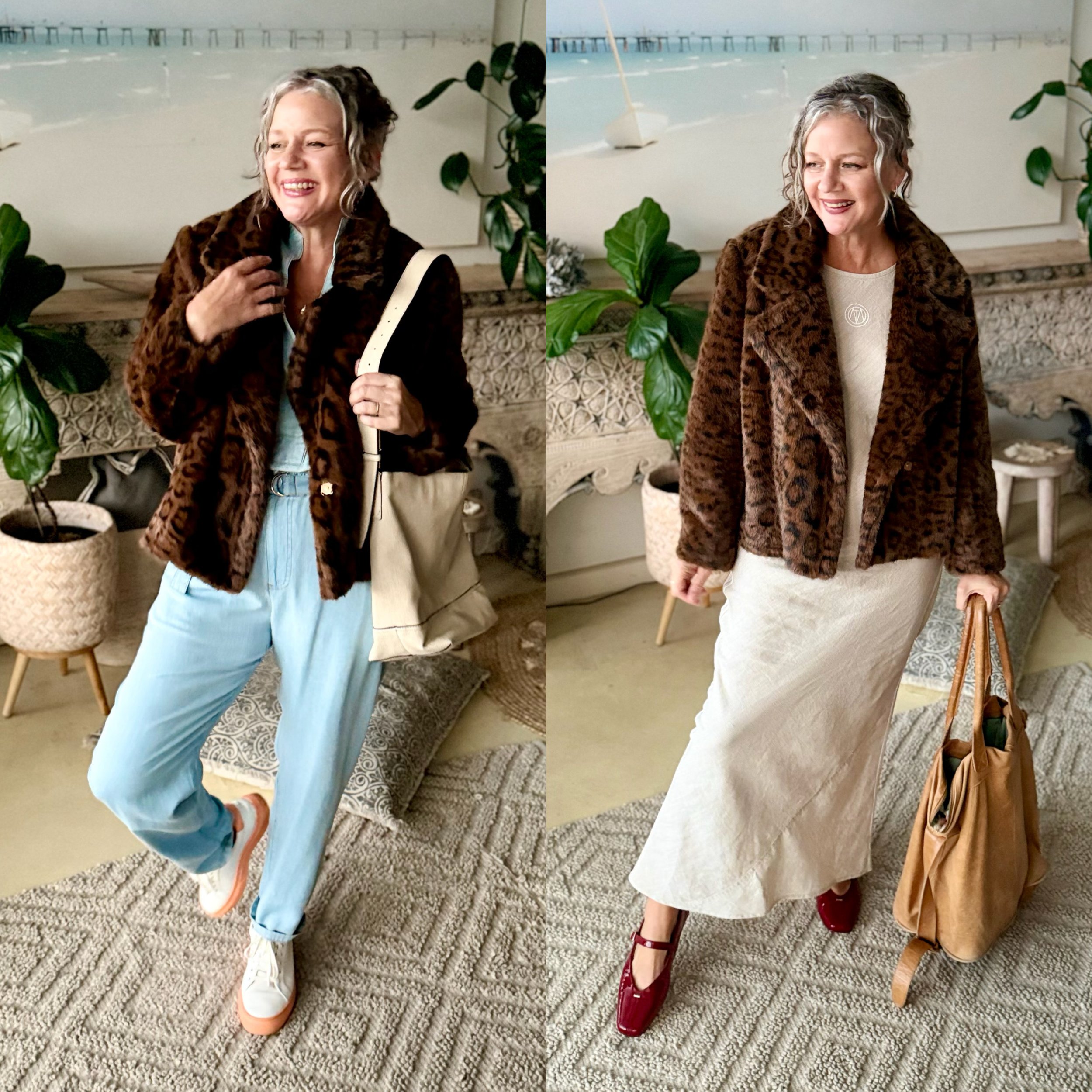 faux fur jacket dress jeans handbag.